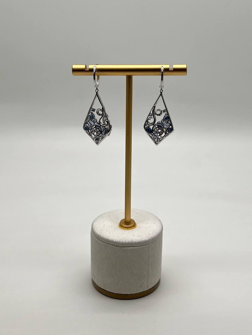 Modern Blue Sapphire Topaz Diamond Pave Fancy 14K White Gold Dangle Statement Earrings For Sale