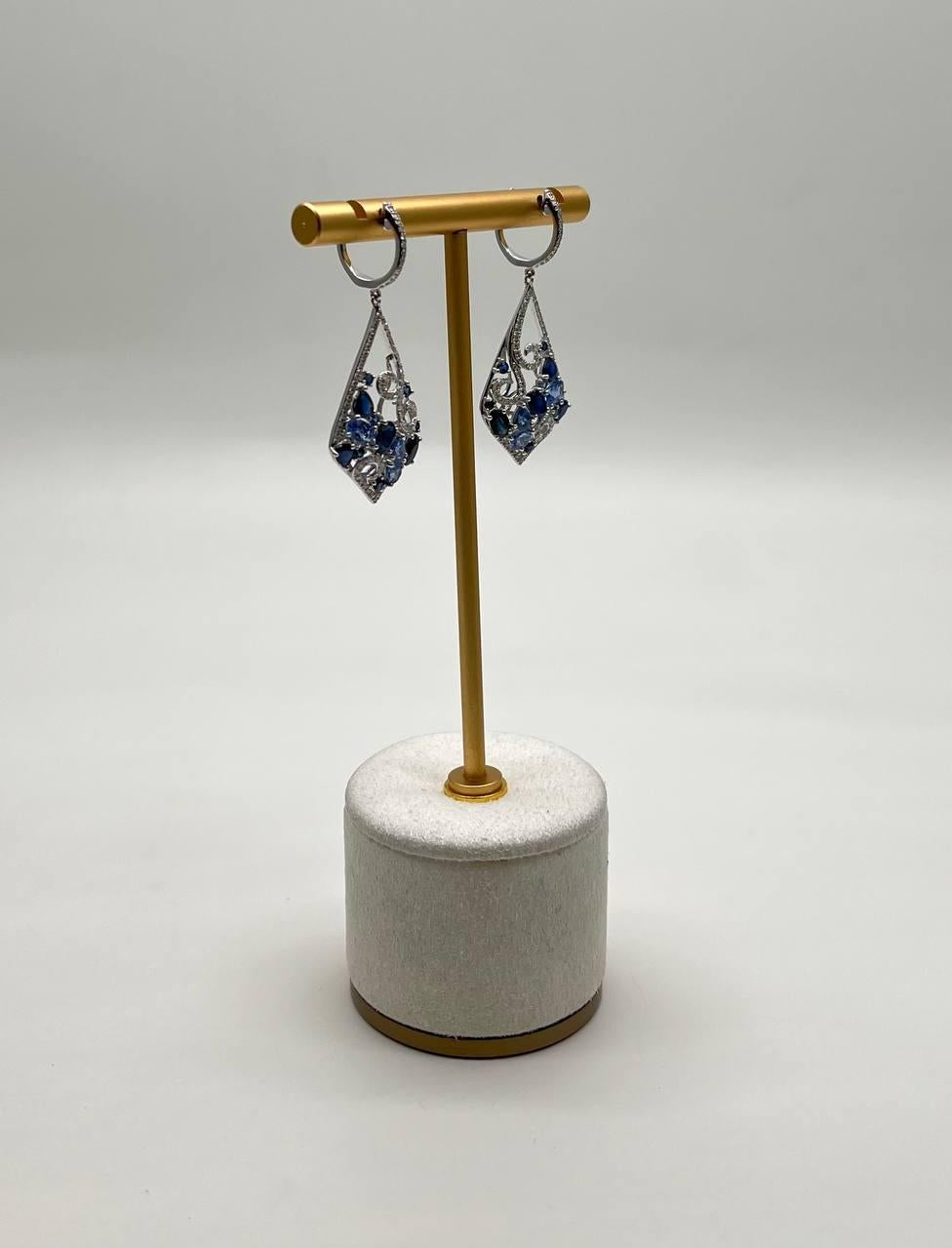 Mixed Cut Blue Sapphire Topaz Diamond Pave Fancy 14K White Gold Dangle Statement Earrings For Sale