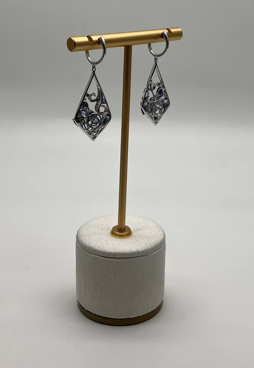 Blue Sapphire Topaz Diamond Pave Fancy 14K White Gold Dangle Statement Earrings In New Condition For Sale In Oakton, VA