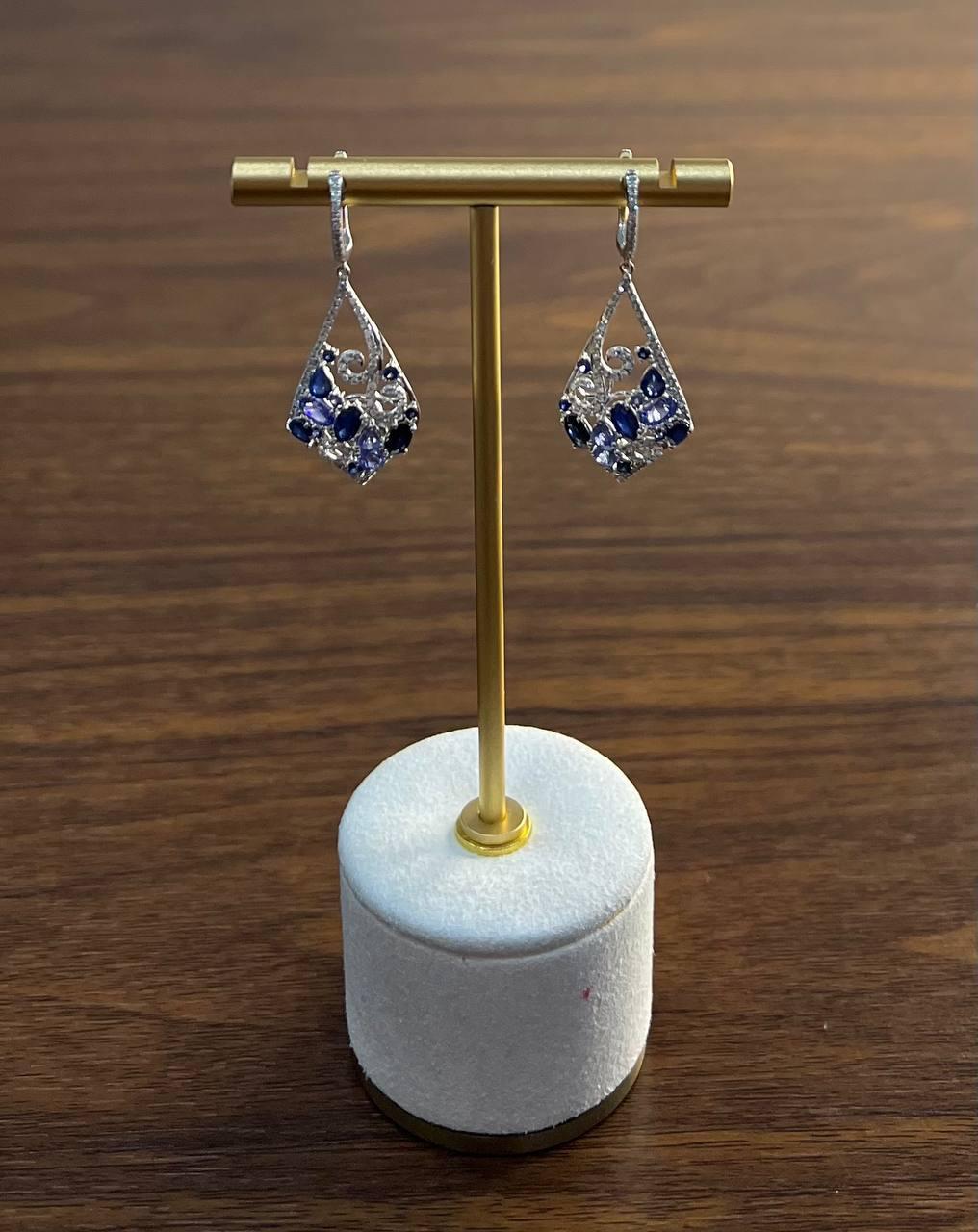 Blue Sapphire Topaz Diamond Pave Fancy 14K White Gold Dangle Statement Earrings For Sale 2