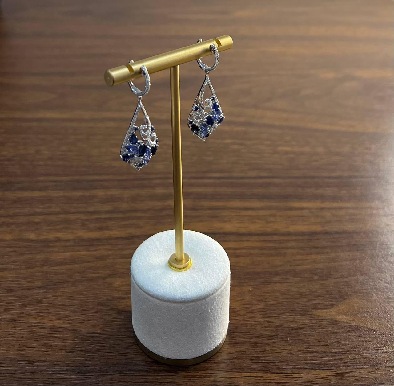 Blue Sapphire Topaz Diamond Pave Fancy 14K White Gold Dangle Statement Earrings For Sale 3