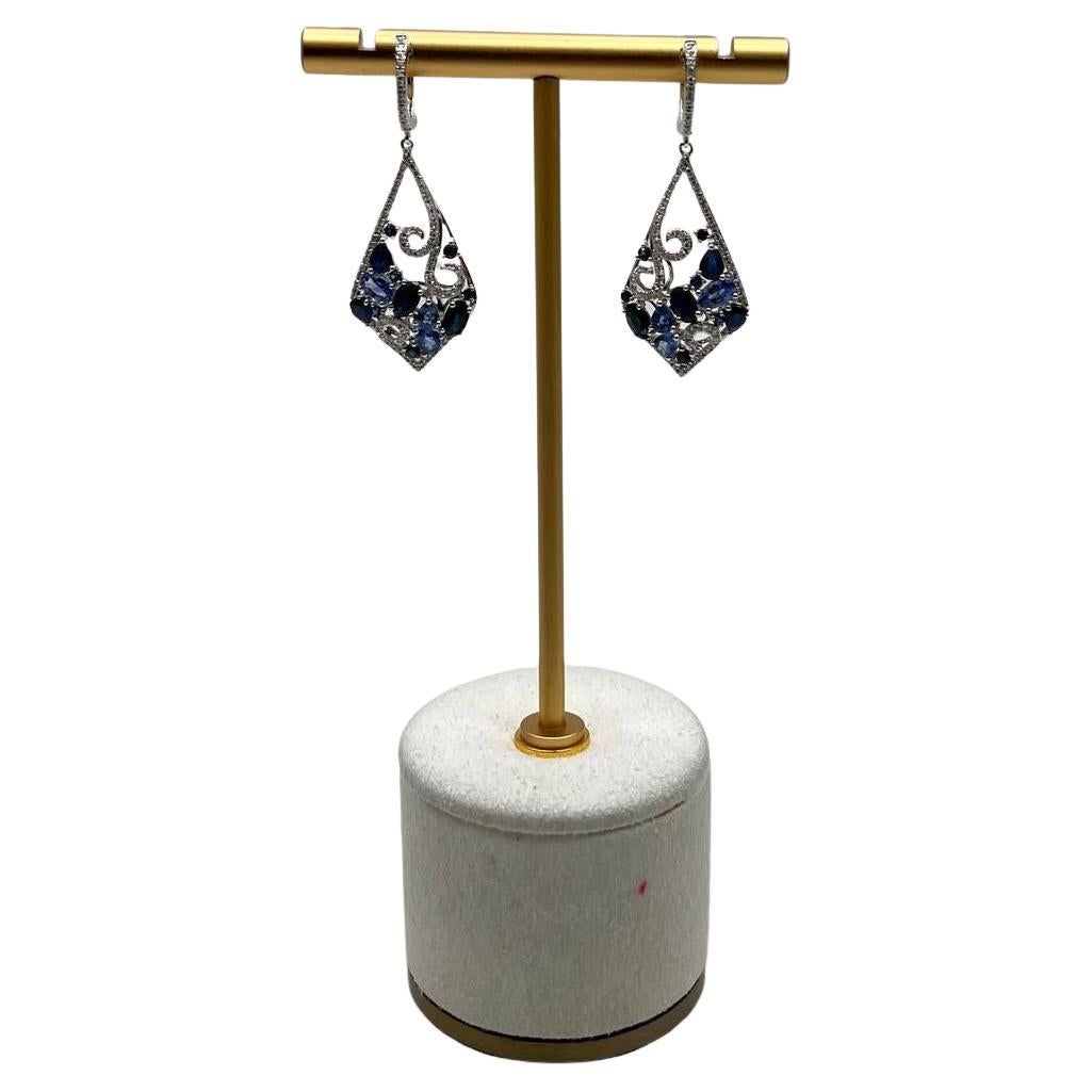 Blue Sapphire Topaz Diamond Pave Fancy 14K White Gold Dangle Statement Earrings