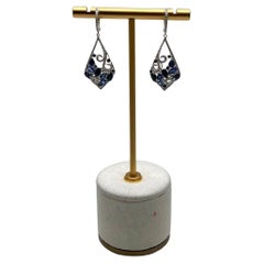 Blue Sapphire Topaz Diamond Pave Fancy 14K White Gold Dangle Statement Earrings