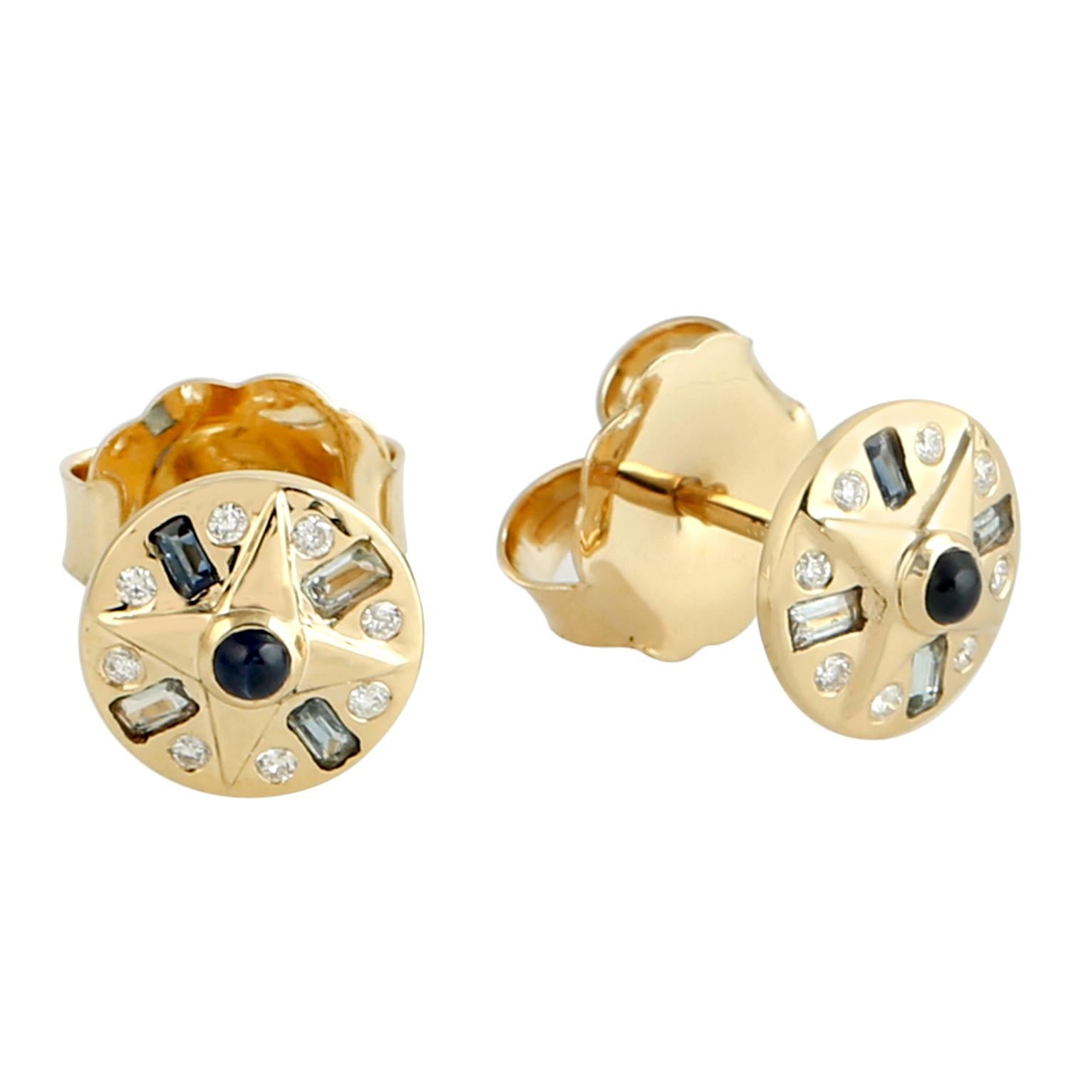 Artisan Boucles d'oreilles saphir bleu et topaze avec diamants en or jaune 18k en vente