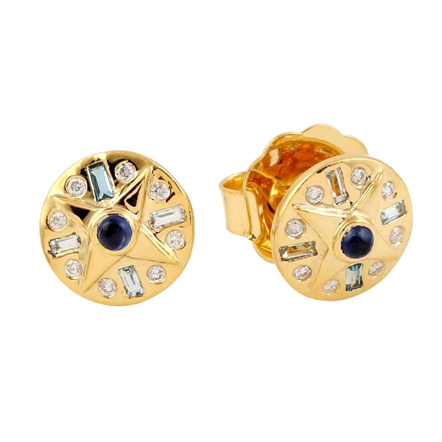 Taille mixte Boucles d'oreilles saphir bleu et topaze avec diamants en or jaune 18k en vente