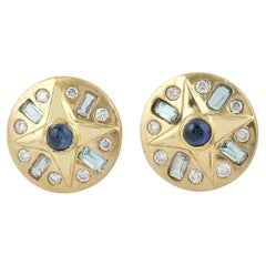 Blue Sapphire & Topaz Stud Earrings With Diamonds Made In 18k Yellow Gold
