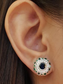 Blue Sapphire, Tsavorite and Diamond Earrings in 18 Karat White Gold Settings