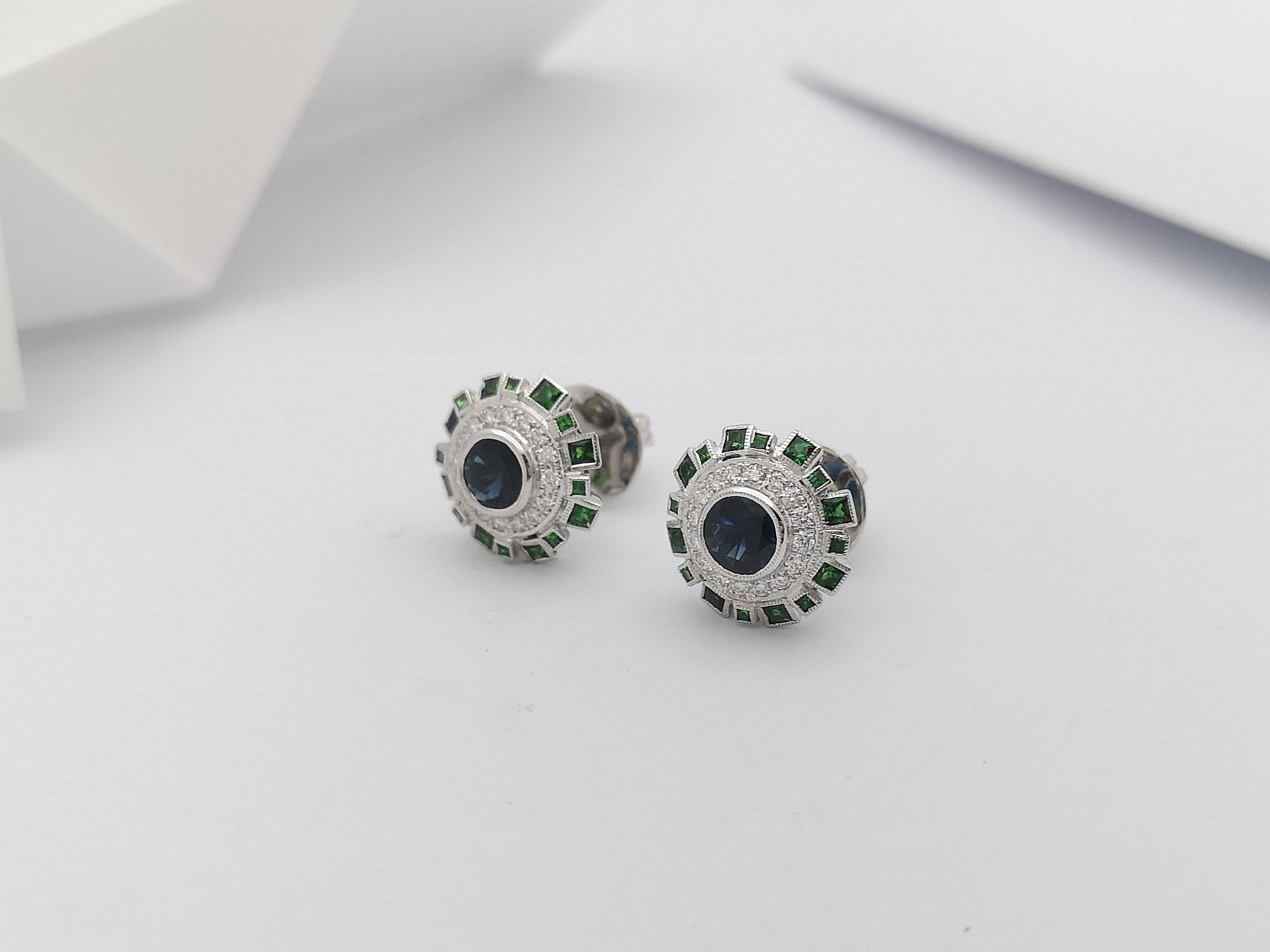 Blue Sapphire, Tsavorite and Diamond Earrings in 18 Karat White Gold Settings In New Condition For Sale In Bangkok, TH