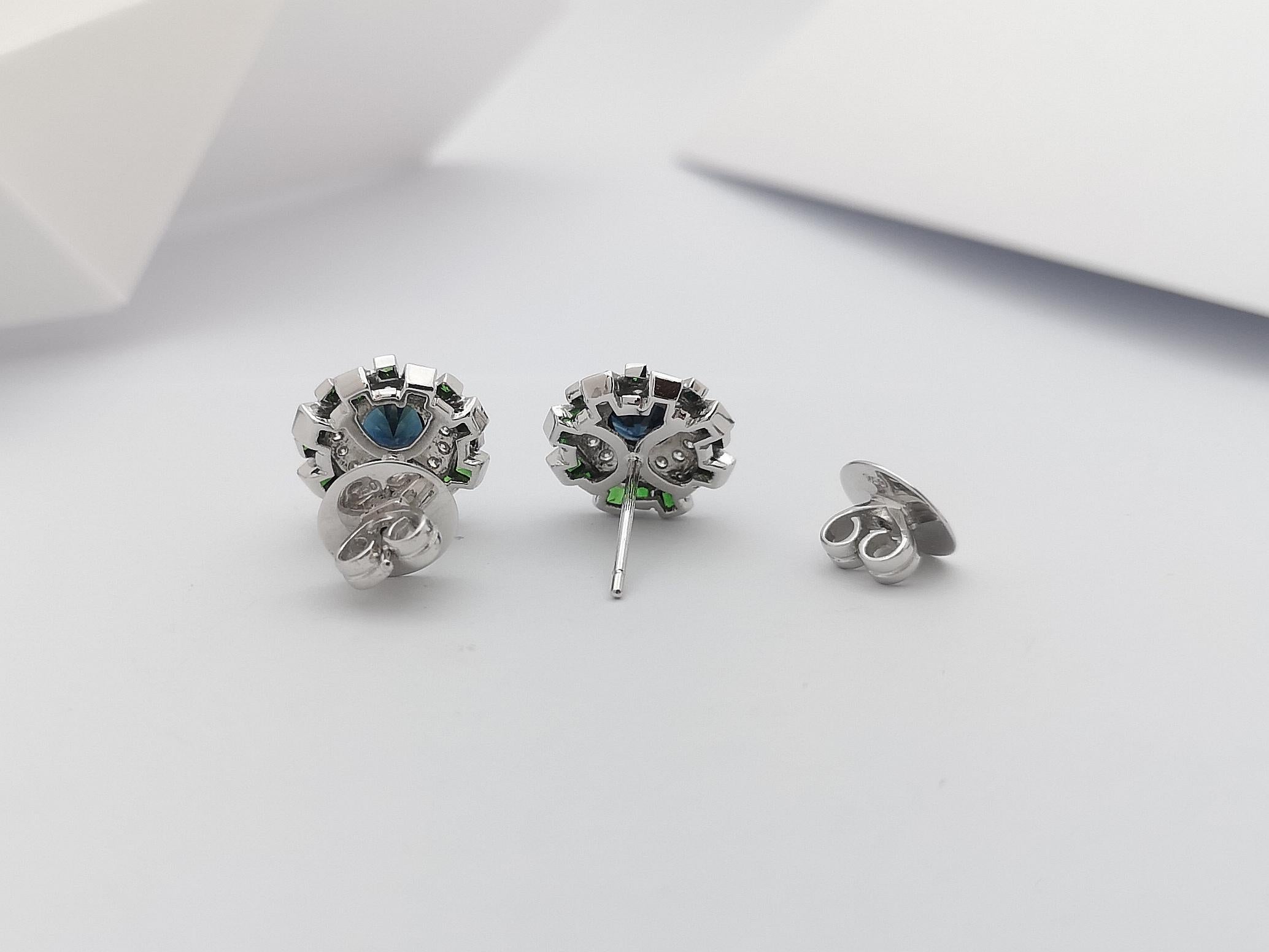 Blue Sapphire, Tsavorite and Diamond Earrings in 18 Karat White Gold Settings For Sale 2