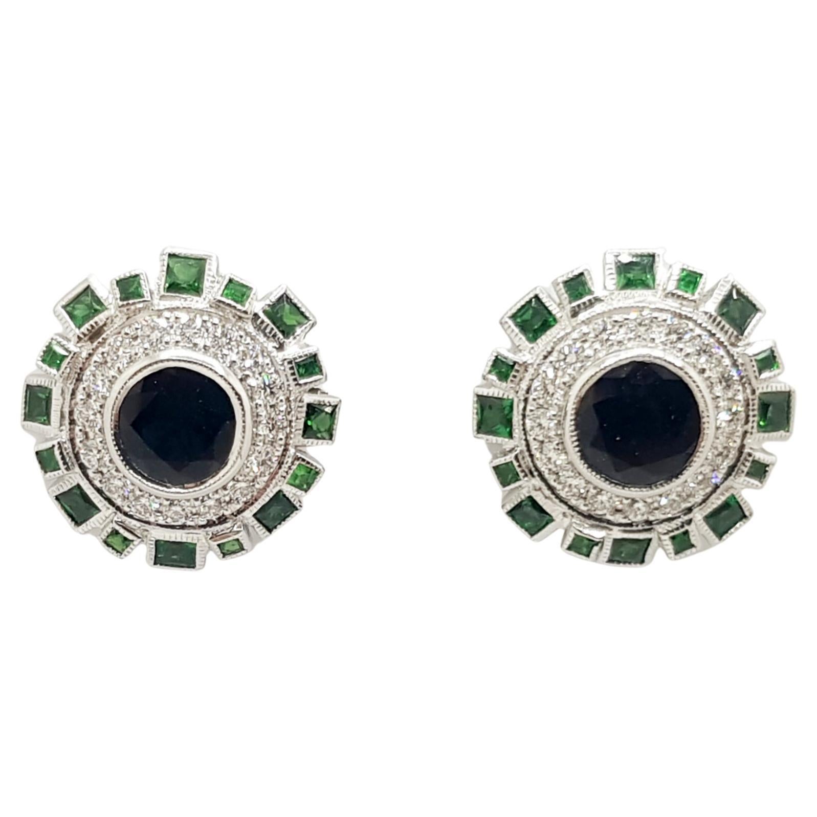 Blue Sapphire, Tsavorite and Diamond Earrings in 18 Karat White Gold Settings For Sale