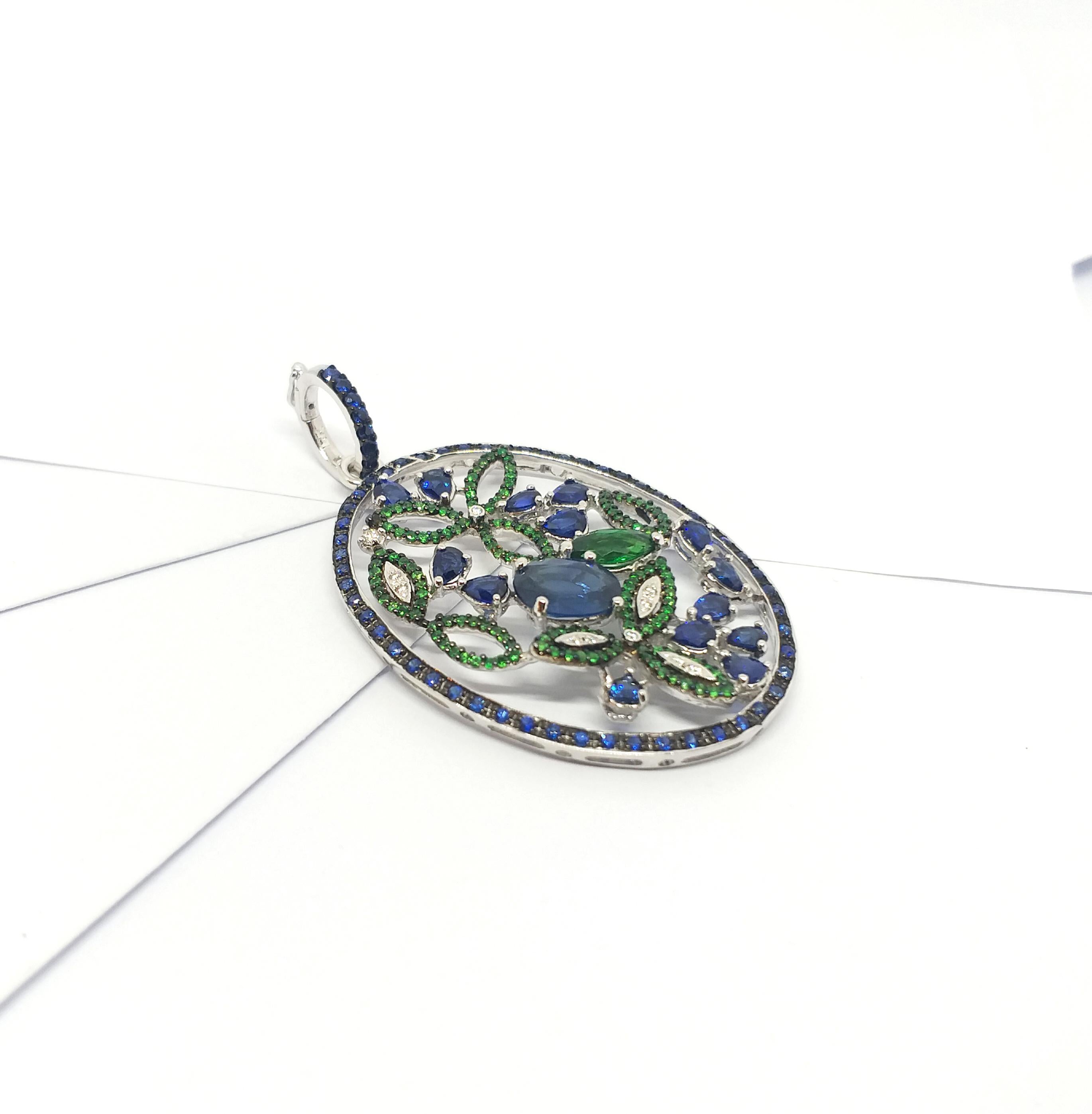 Blue Sapphire, Tsavorite and Diamond Pendant set in 18K White Gold Settings For Sale 4
