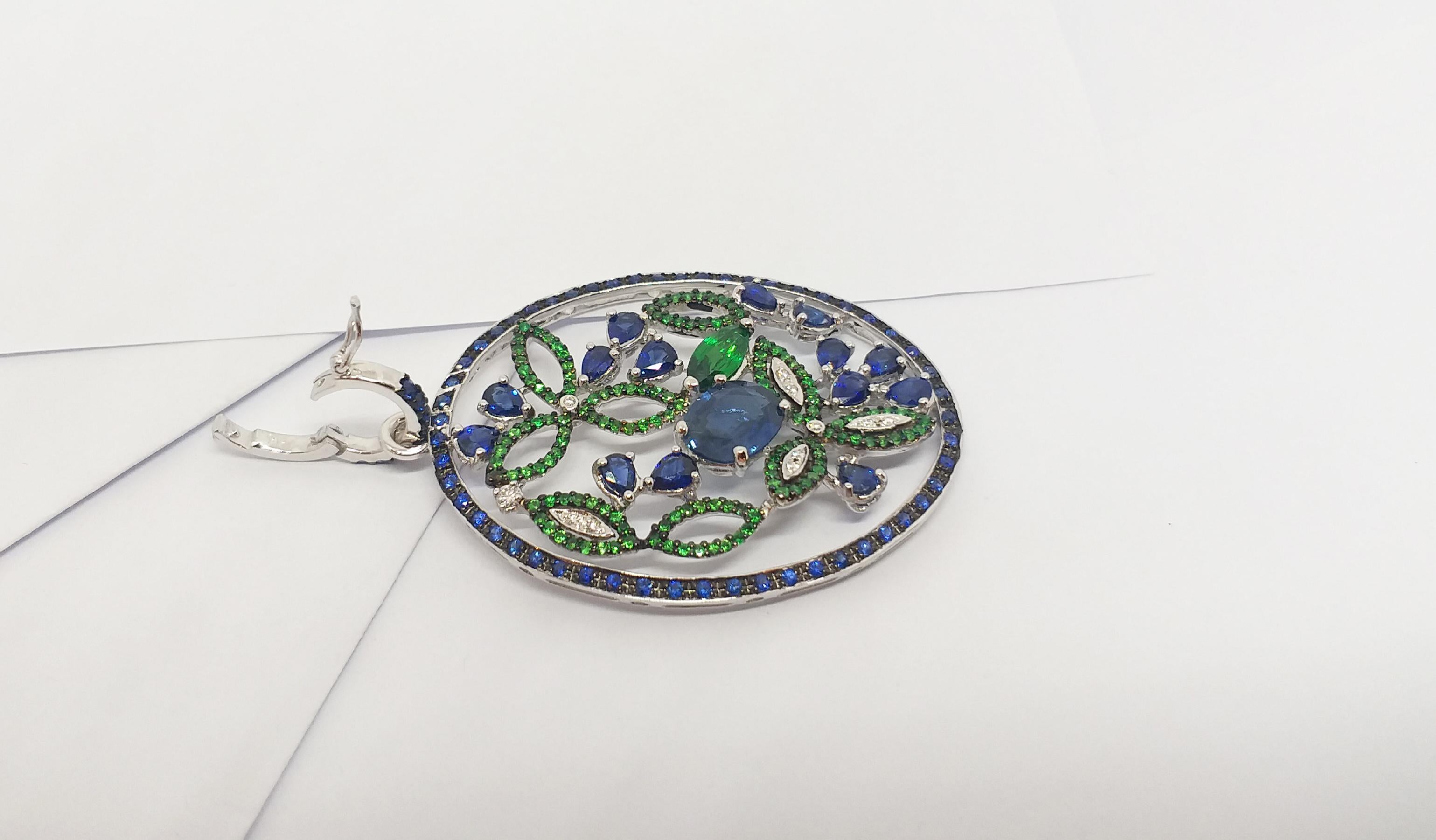 Contemporary Blue Sapphire, Tsavorite and Diamond Pendant set in 18K White Gold Settings For Sale