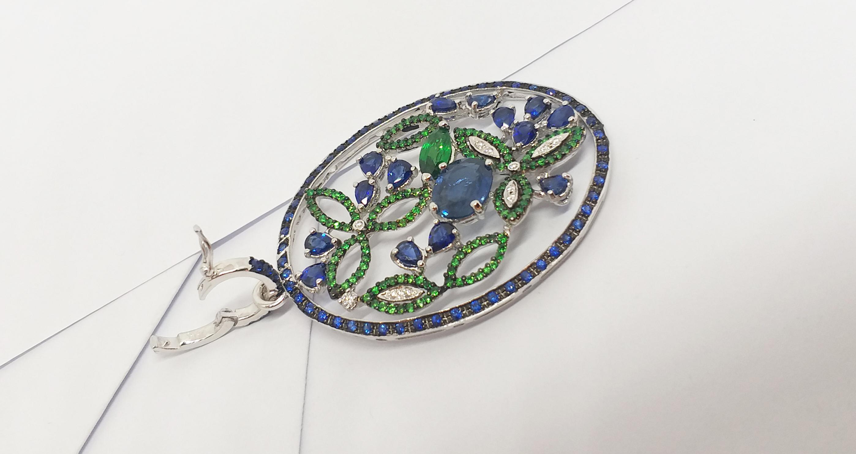 Mixed Cut Blue Sapphire, Tsavorite and Diamond Pendant set in 18K White Gold Settings For Sale