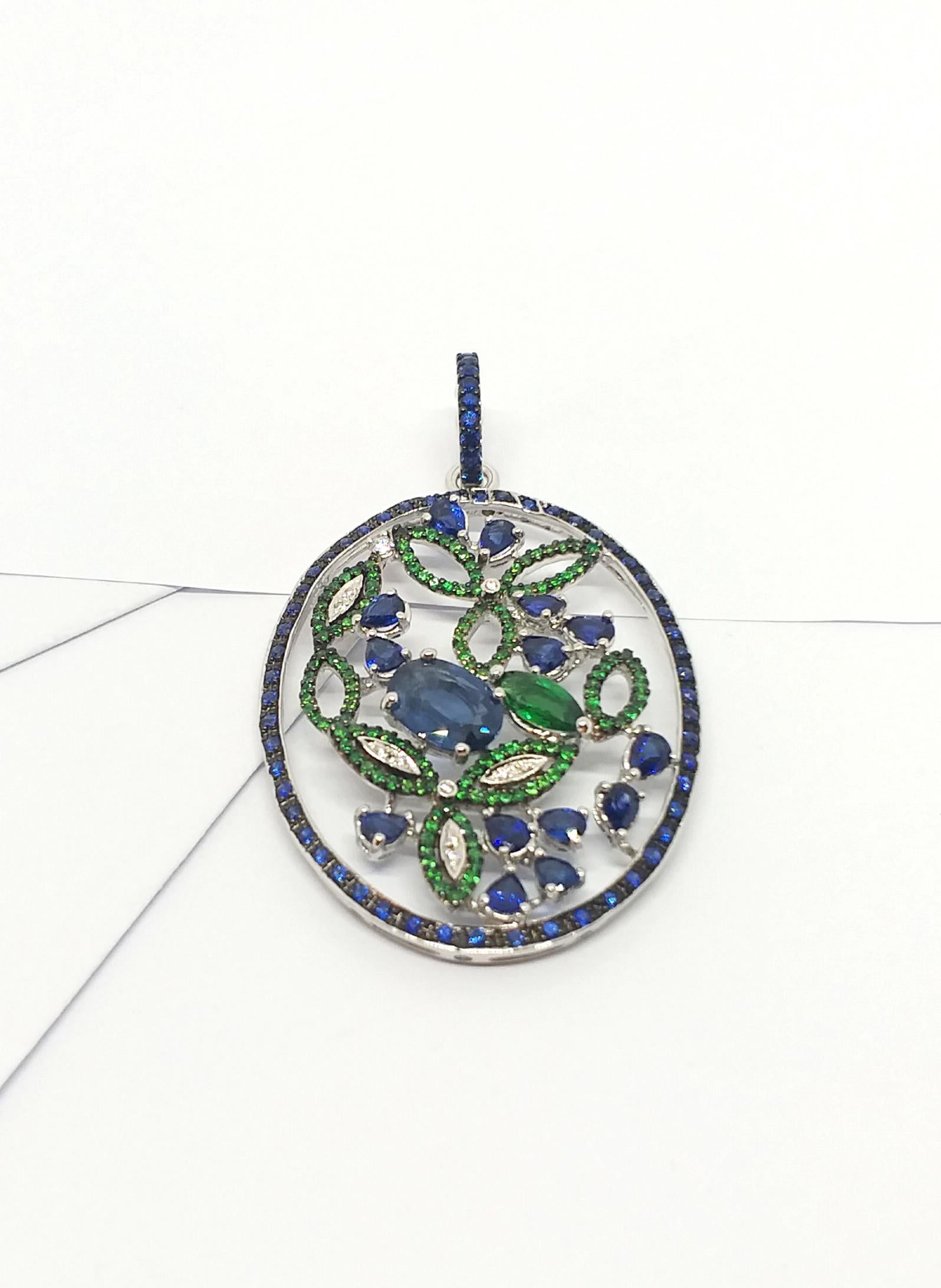 Blue Sapphire, Tsavorite and Diamond Pendant set in 18K White Gold Settings For Sale 2