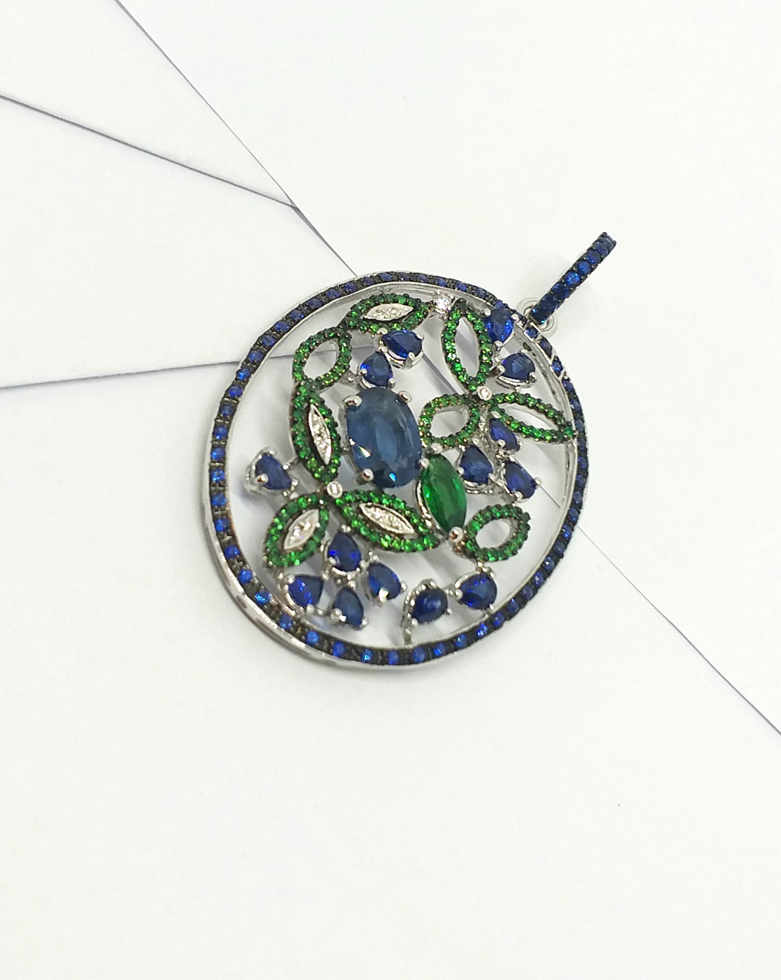 Blue Sapphire, Tsavorite and Diamond Pendant set in 18K White Gold Settings For Sale 3