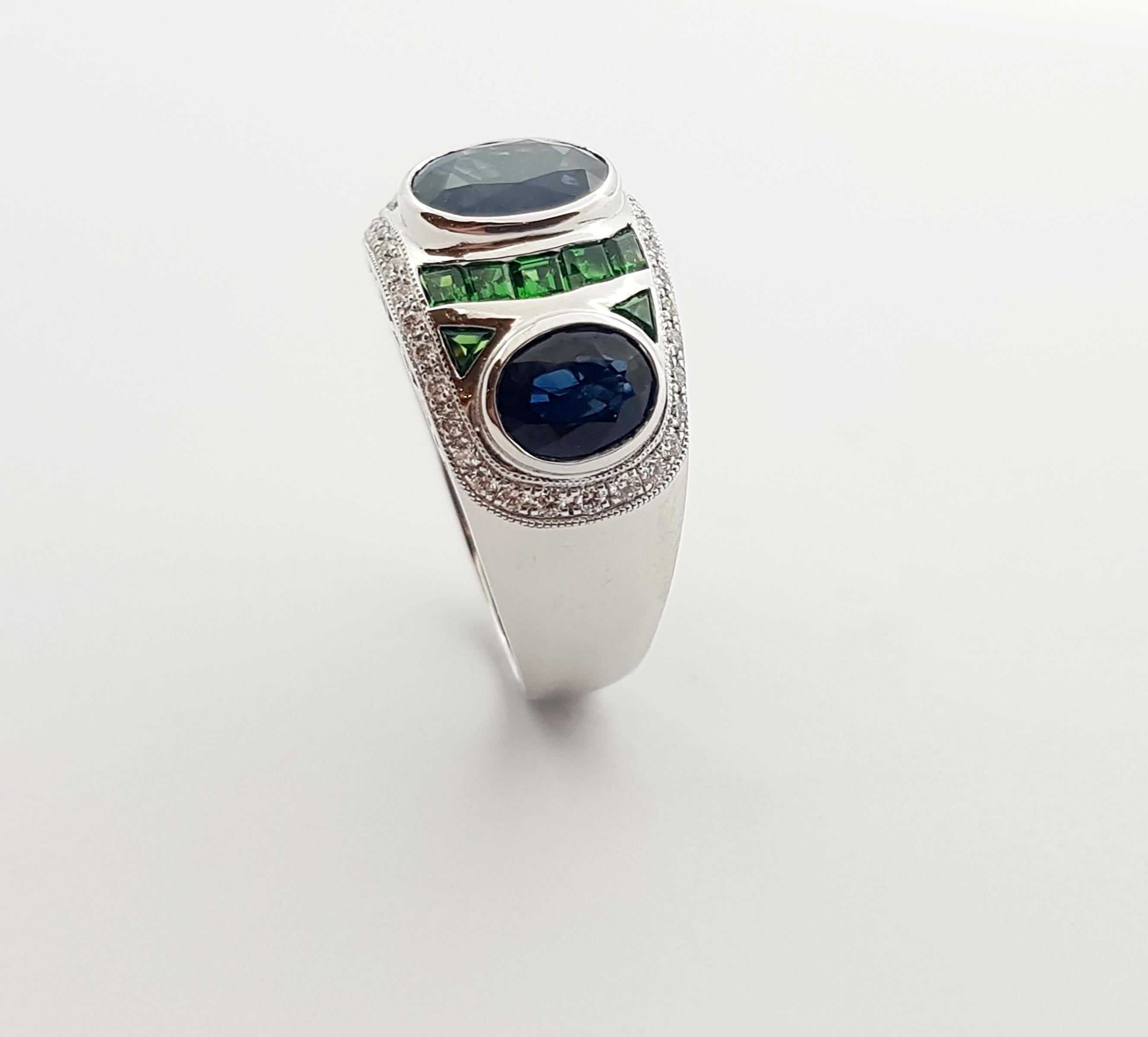 Blue Sapphire, Tsavorite and Diamond Ring Set in 18 Karat White Gold Settings For Sale 4