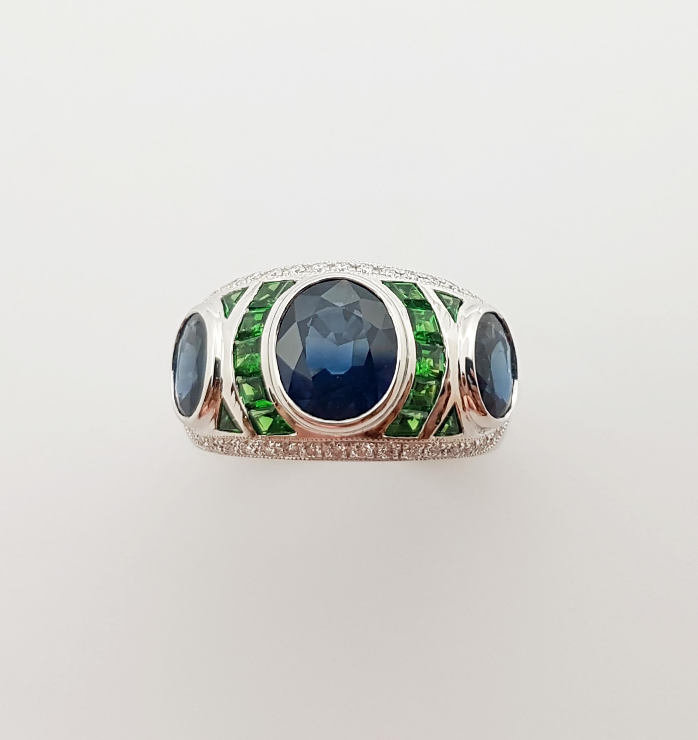 Blue Sapphire, Tsavorite and Diamond Ring Set in 18 Karat White Gold Settings For Sale 10