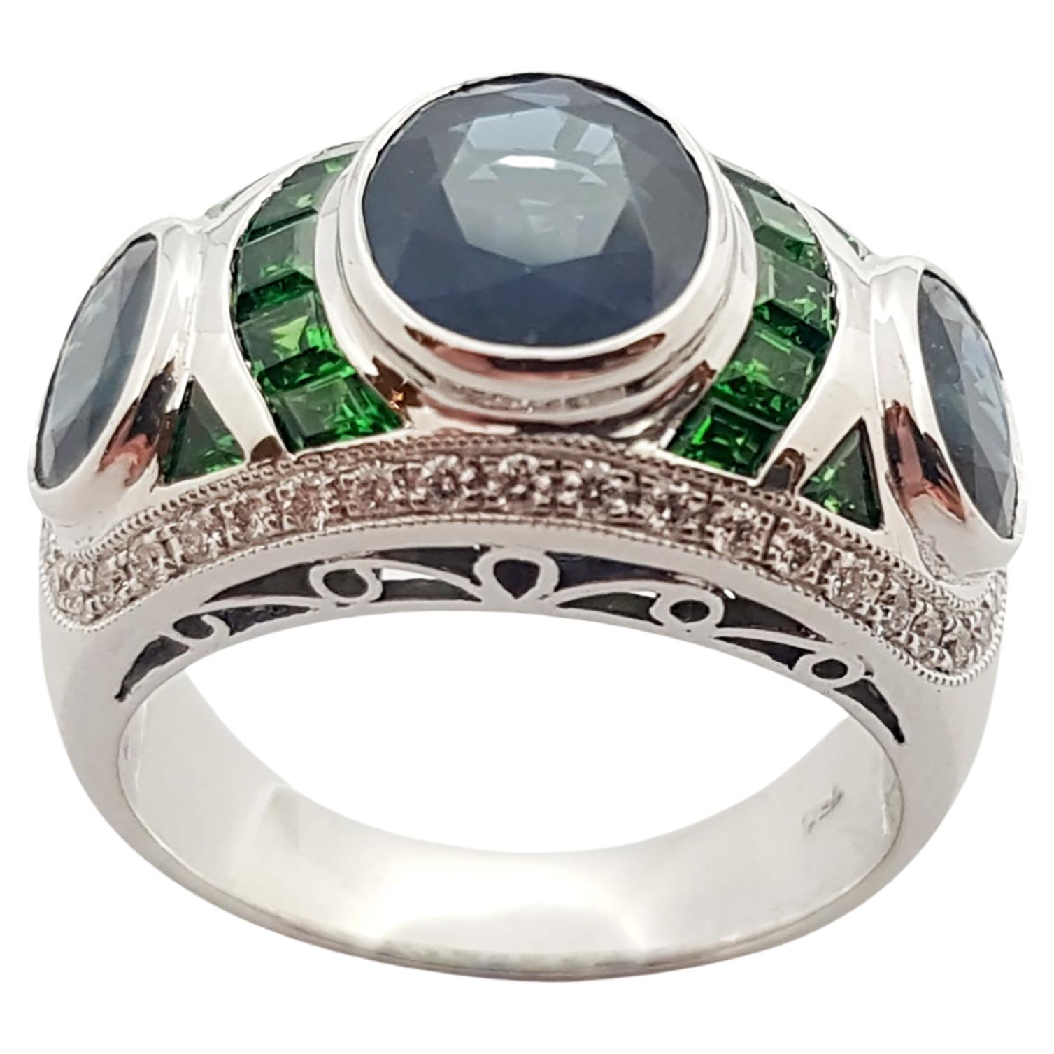 Blue Sapphire, Tsavorite and Diamond Ring Set in 18 Karat White Gold Settings