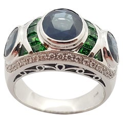 Blue Sapphire, Tsavorite and Diamond Ring Set in 18 Karat White Gold Settings