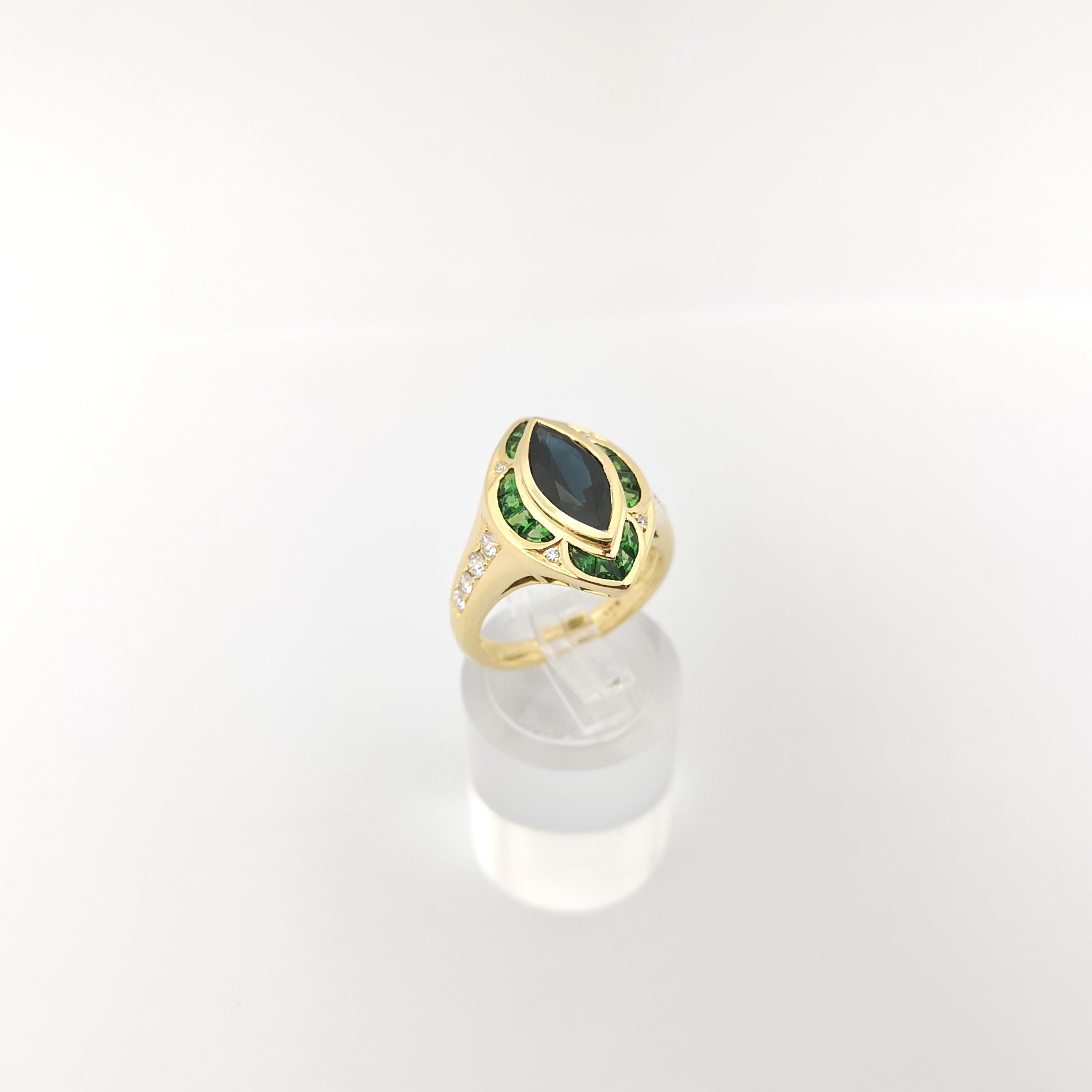 Blue Sapphire, Tsavorite and Diamond Ring set in 18K Gold Settings For Sale 4