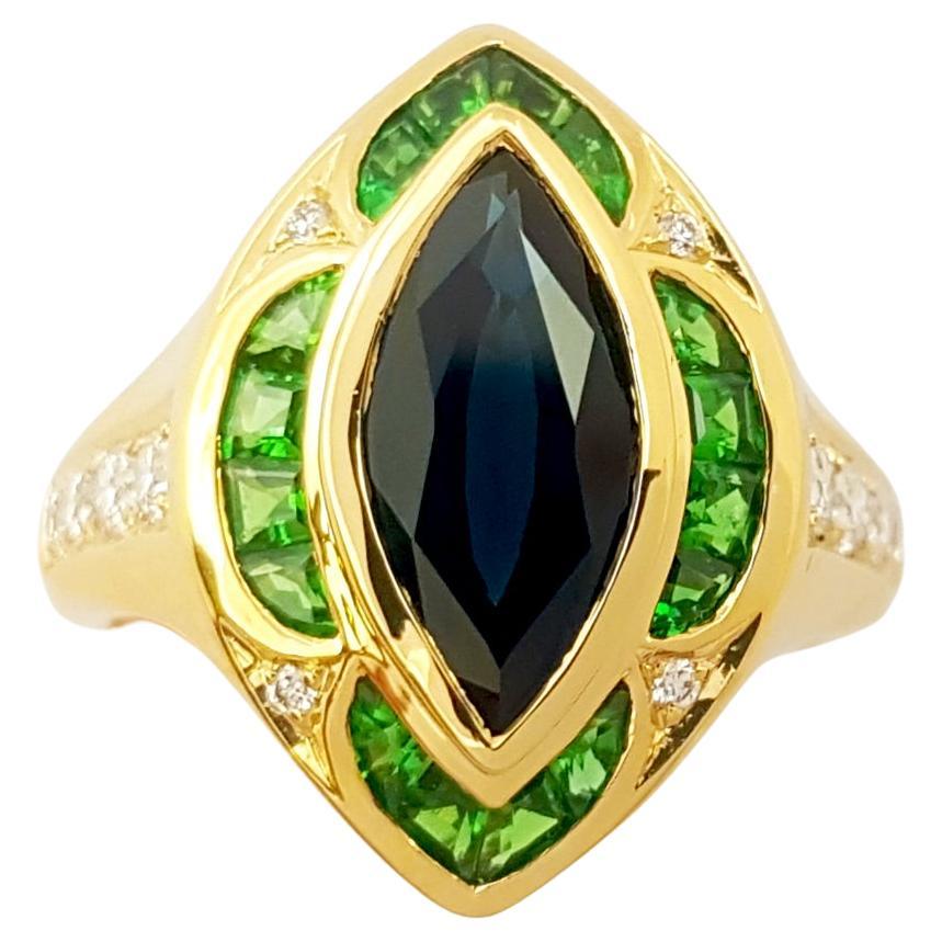 Blue Sapphire, Tsavorite and Diamond Ring set in 18K Gold Settings For Sale