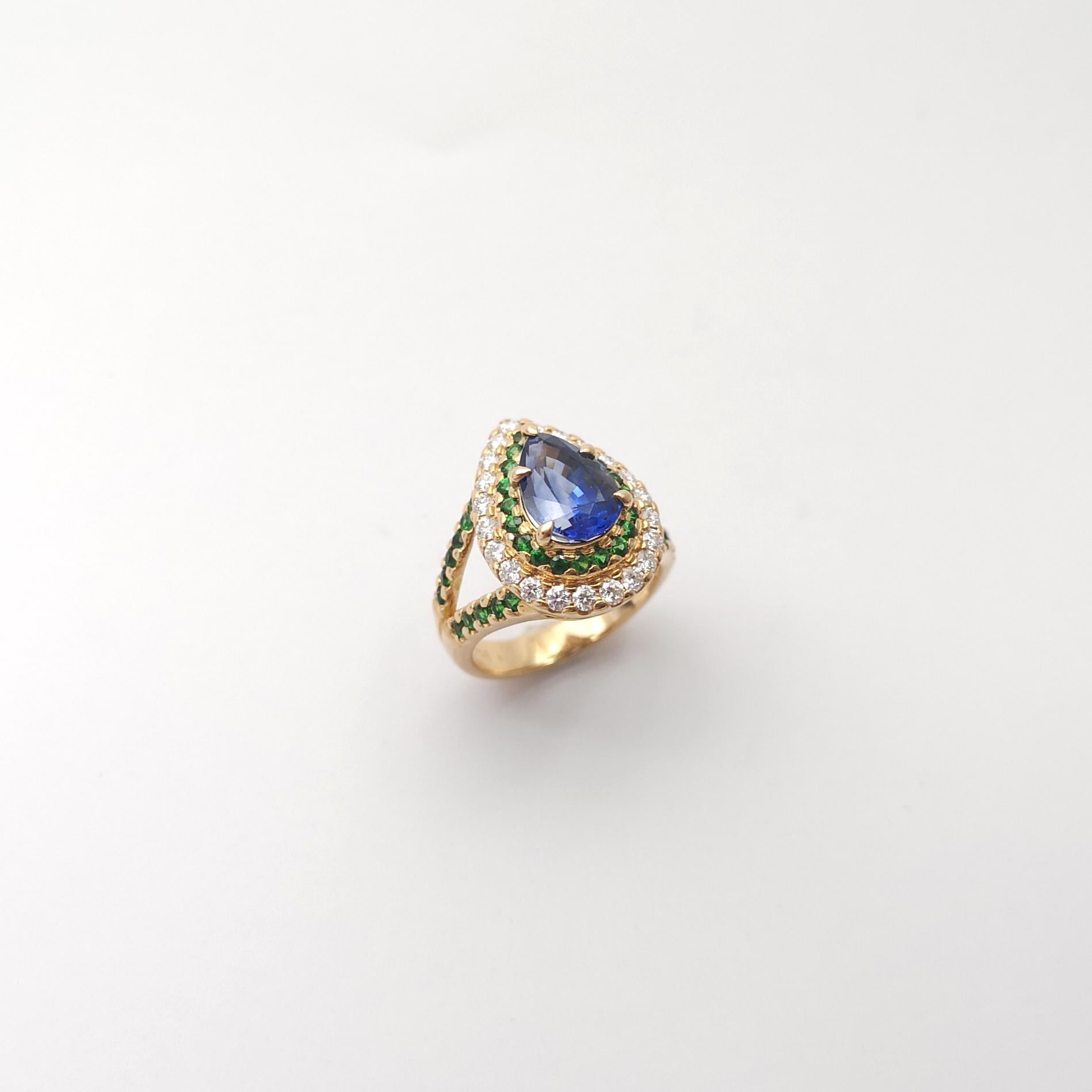 Anello con zaffiro blu, tsavorite e diamante incastonati in oro rosa 18 carati in vendita 5
