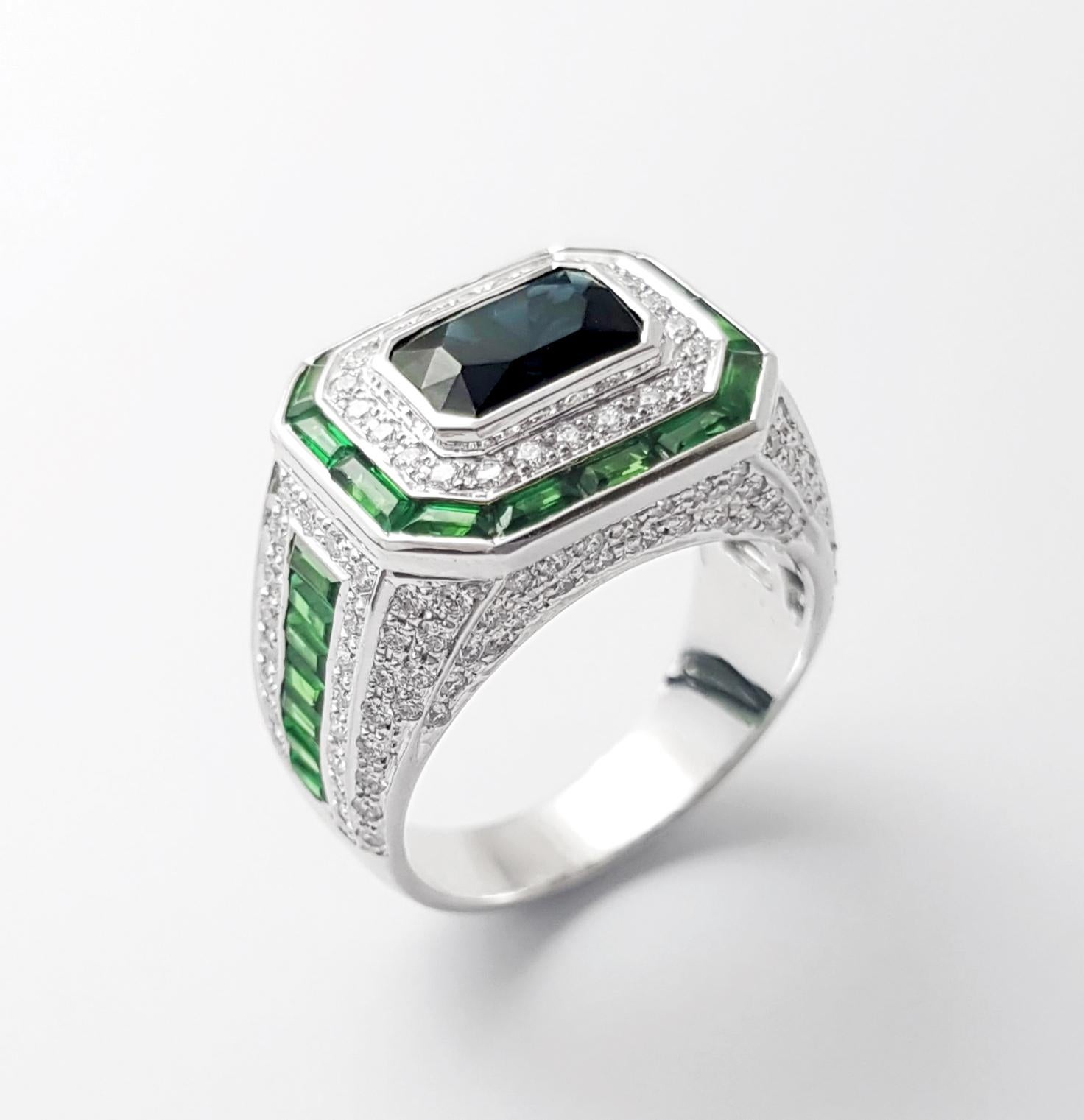 Blue Sapphire, Tsavorite and Diamond Ring set in 18K White Gold Settings For Sale 4