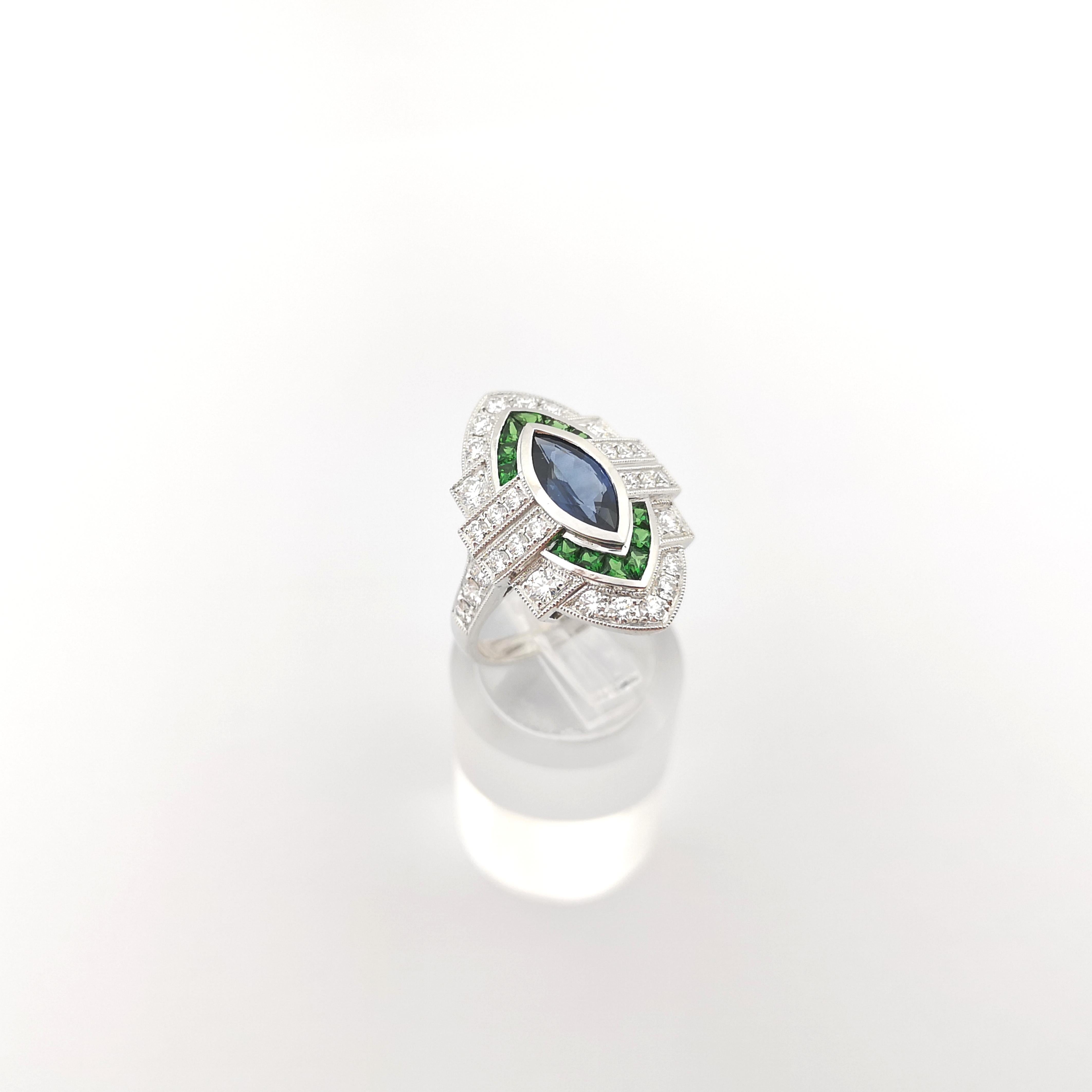 Blue Sapphire, Tsavorite and Diamond Ring set in 18K White Gold Settings For Sale 2