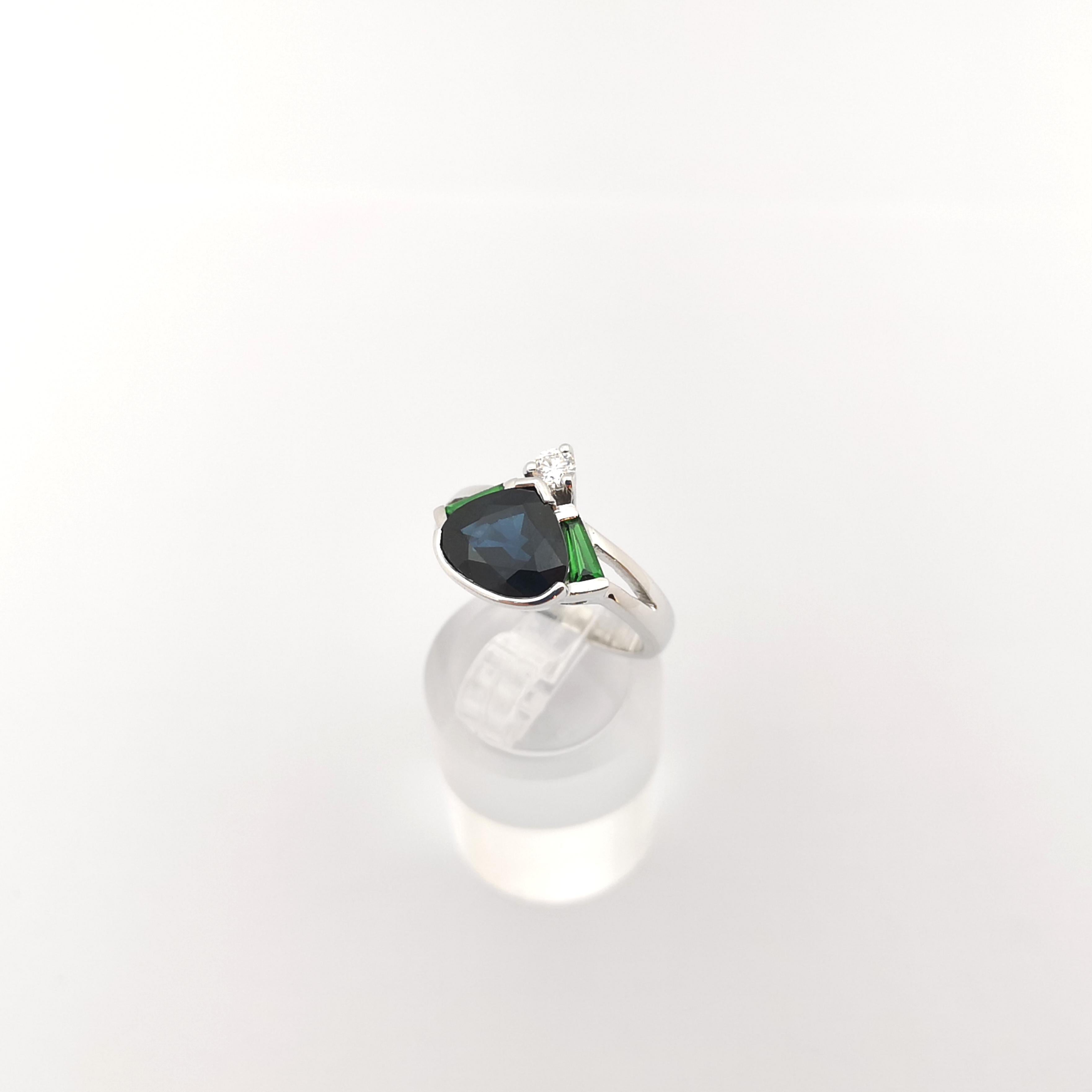 Blue Sapphire, Tsavorite and Diamond Ring set in 18K White Gold Settings For Sale 5
