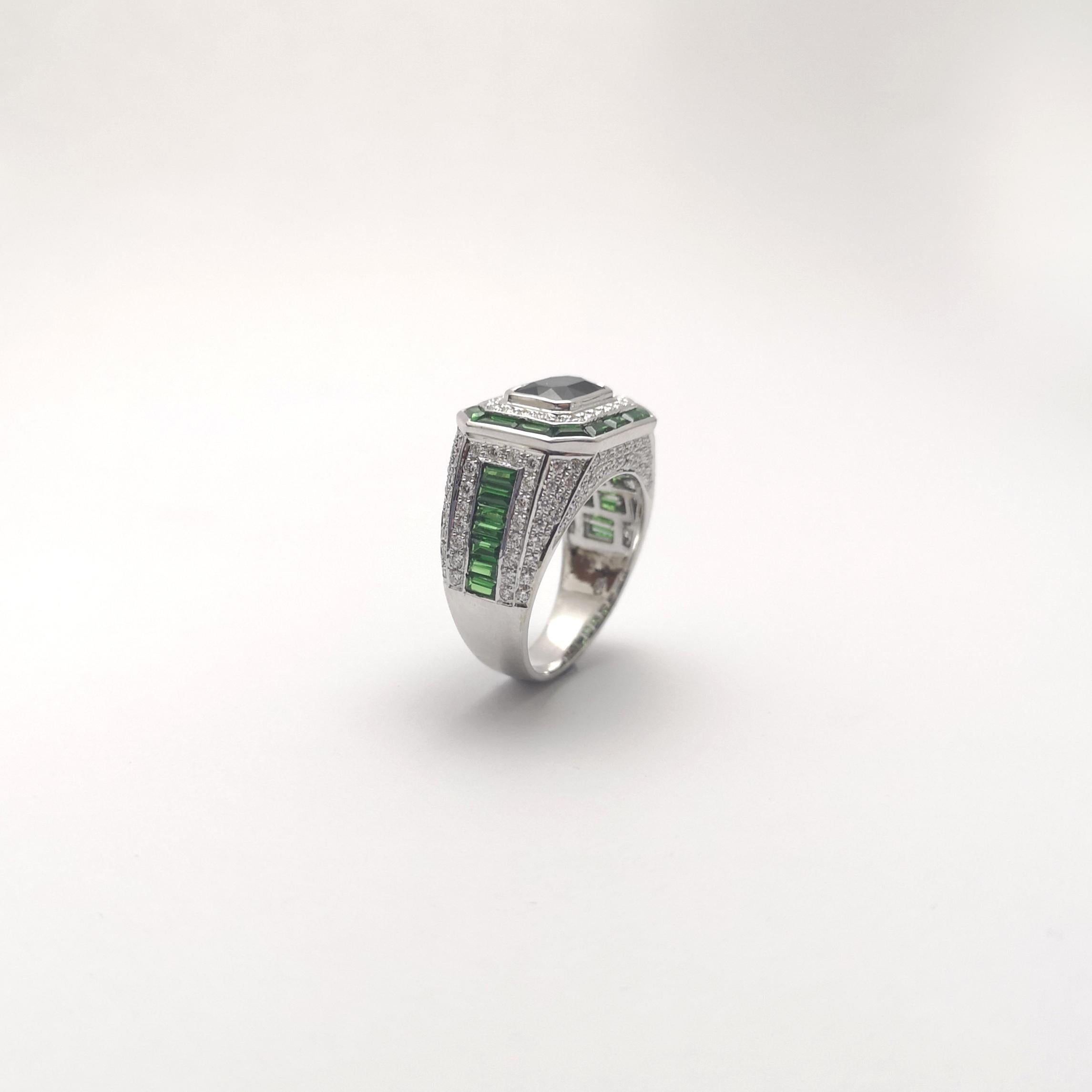 Blue Sapphire, Tsavorite and Diamond Ring set in 18K White Gold Settings For Sale 5