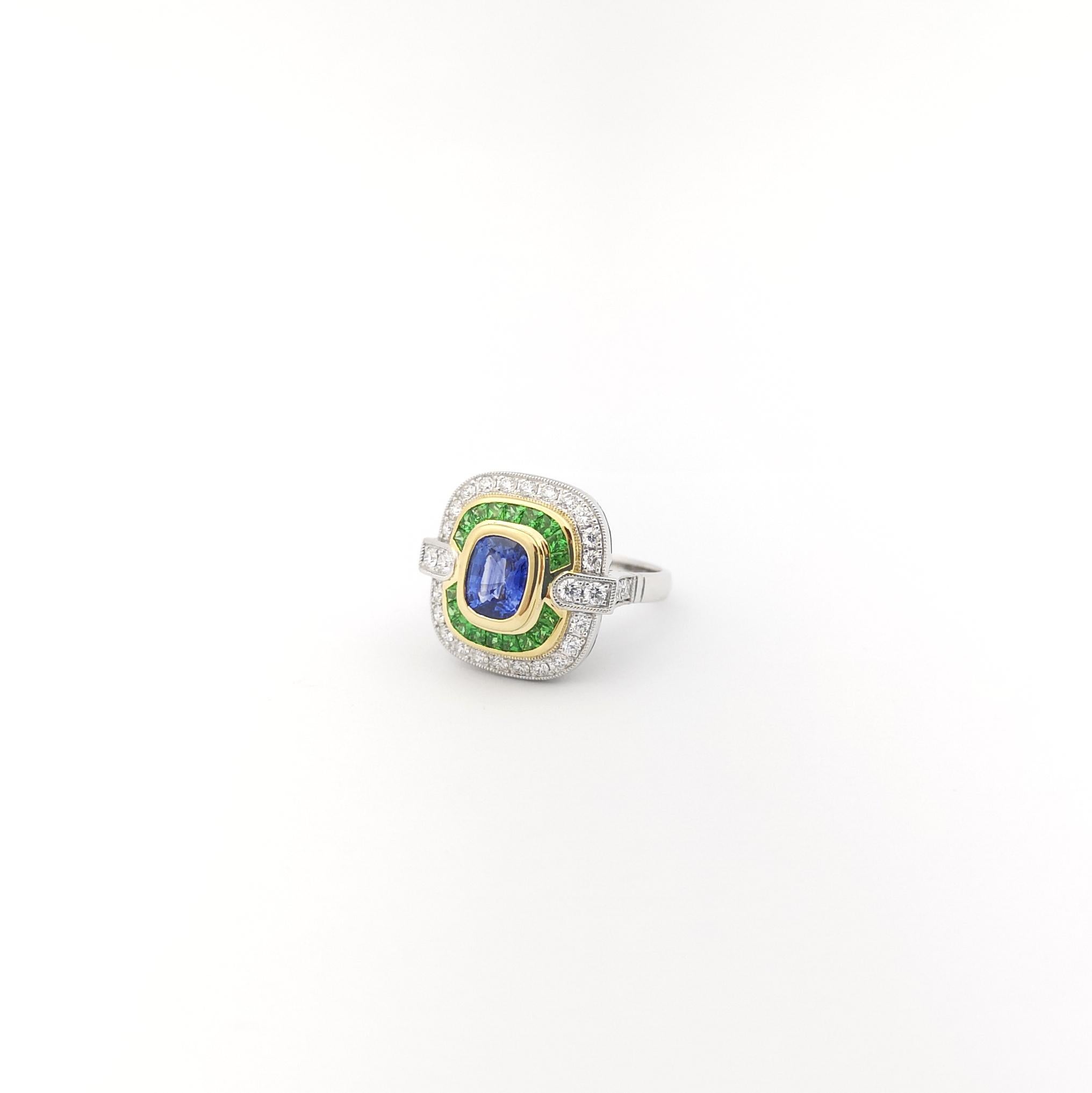Blue Sapphire, Tsavorite and Diamond Ring set in 18K White Gold Settings For Sale 6