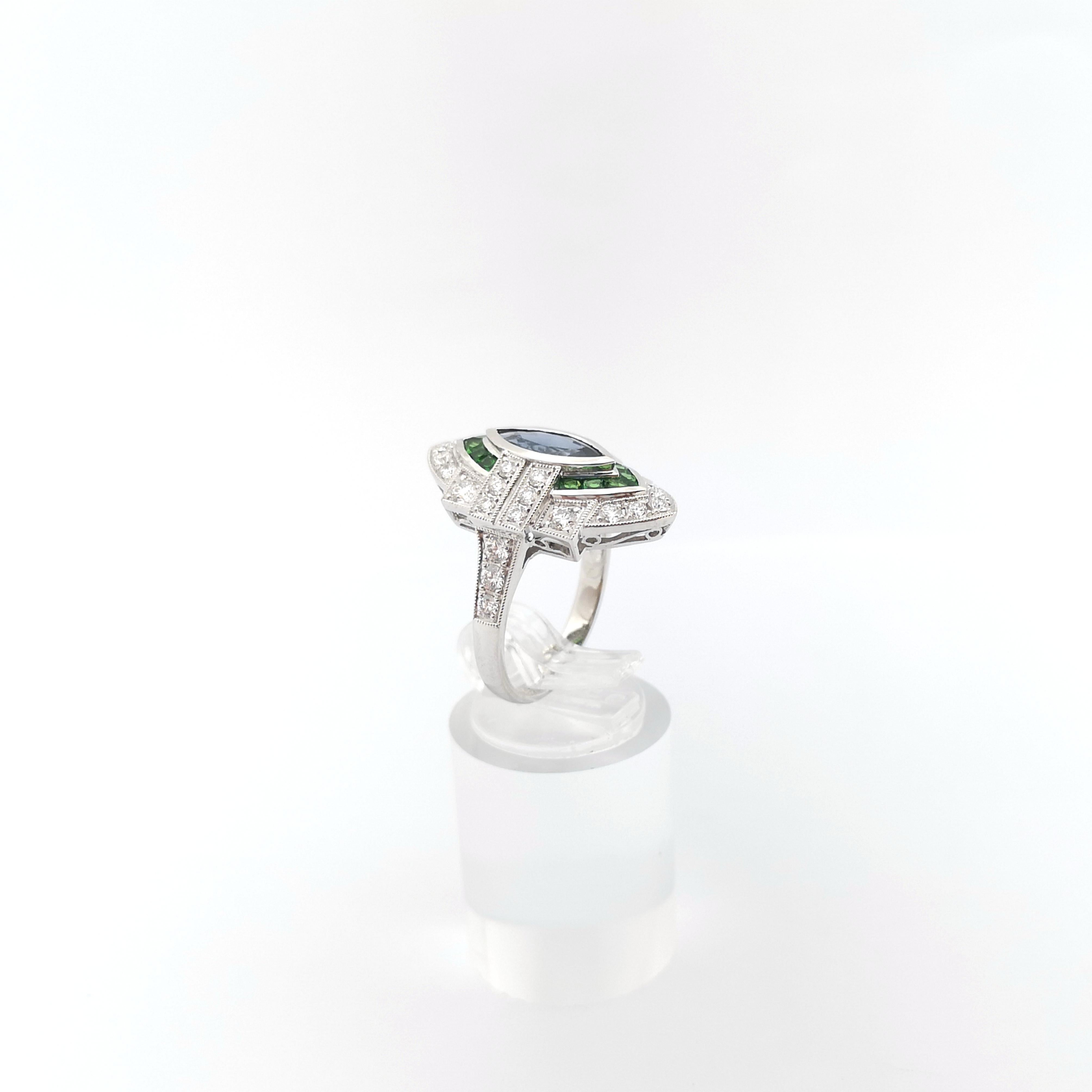 Blue Sapphire, Tsavorite and Diamond Ring set in 18K White Gold Settings For Sale 3