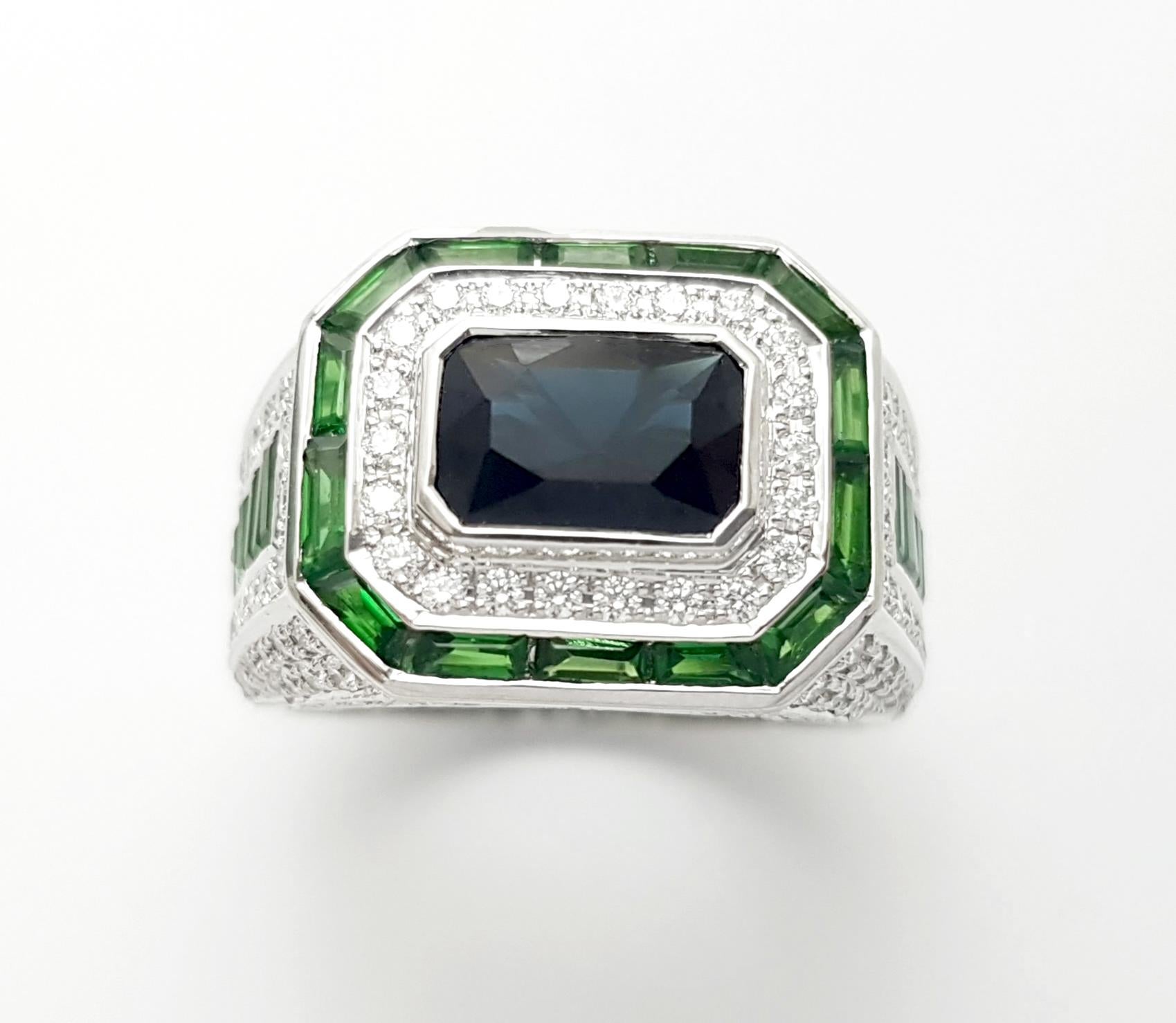 Blue Sapphire, Tsavorite and Diamond Ring set in 18K White Gold Settings For Sale 6