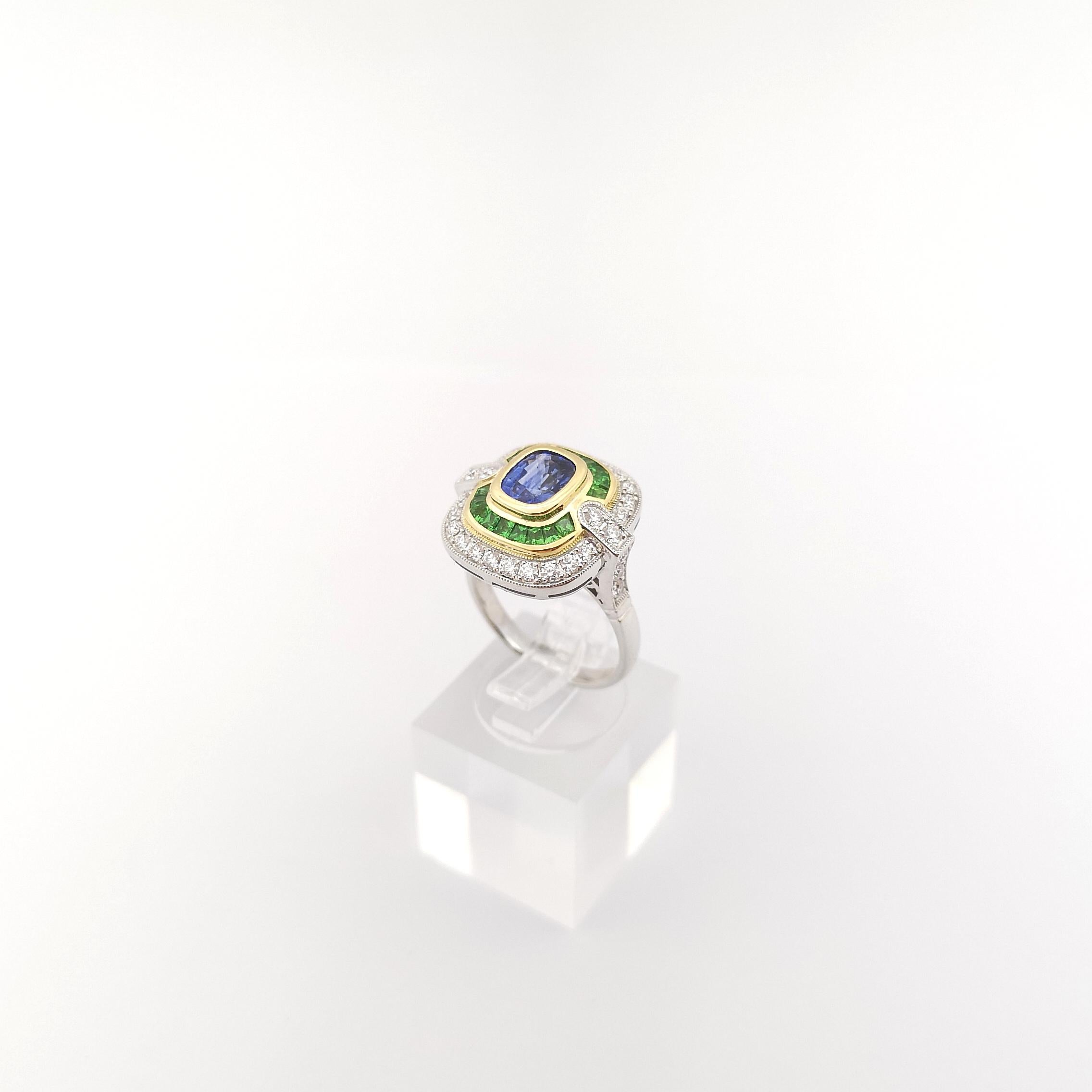 Blue Sapphire, Tsavorite and Diamond Ring set in 18K White Gold Settings For Sale 7