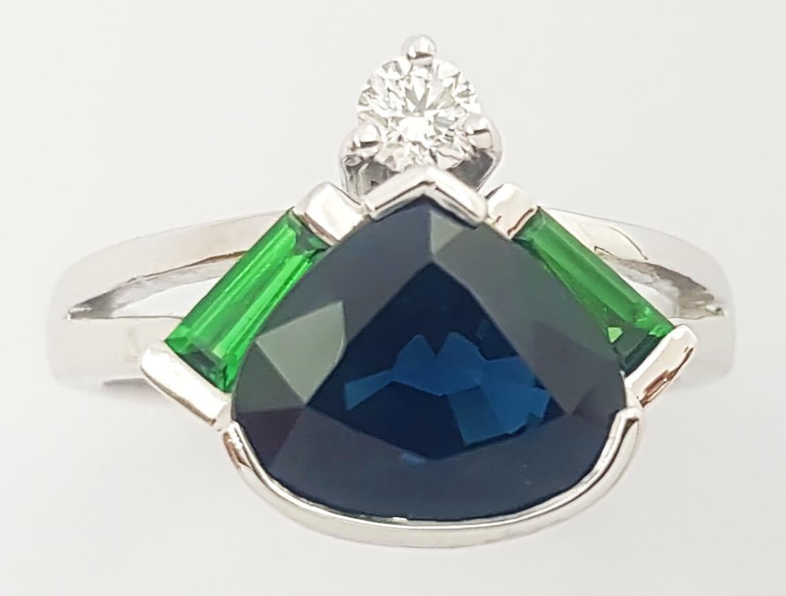 Blue Sapphire, Tsavorite and Diamond Ring set in 18K White Gold Settings For Sale 7
