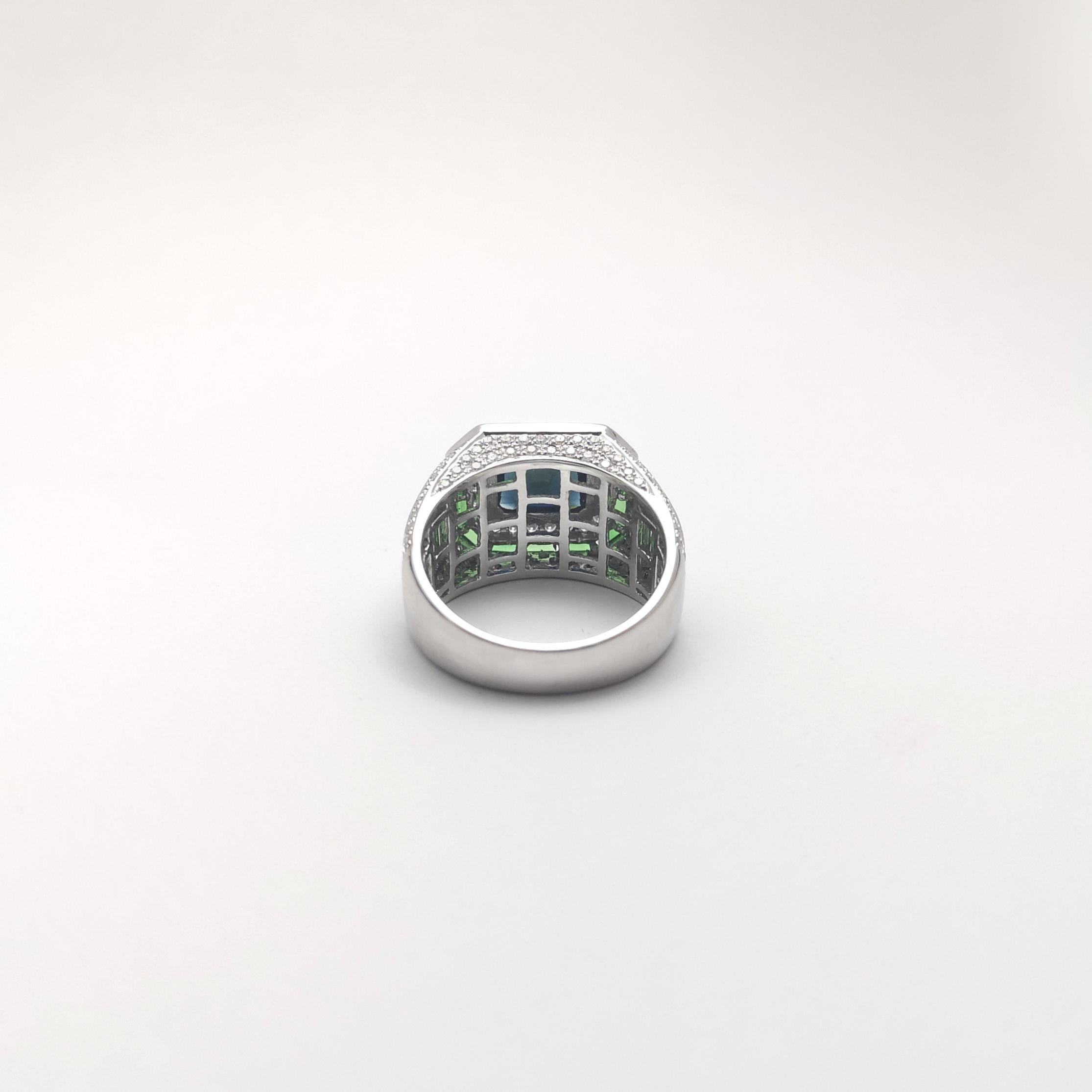 Blue Sapphire, Tsavorite and Diamond Ring set in 18K White Gold Settings For Sale 7