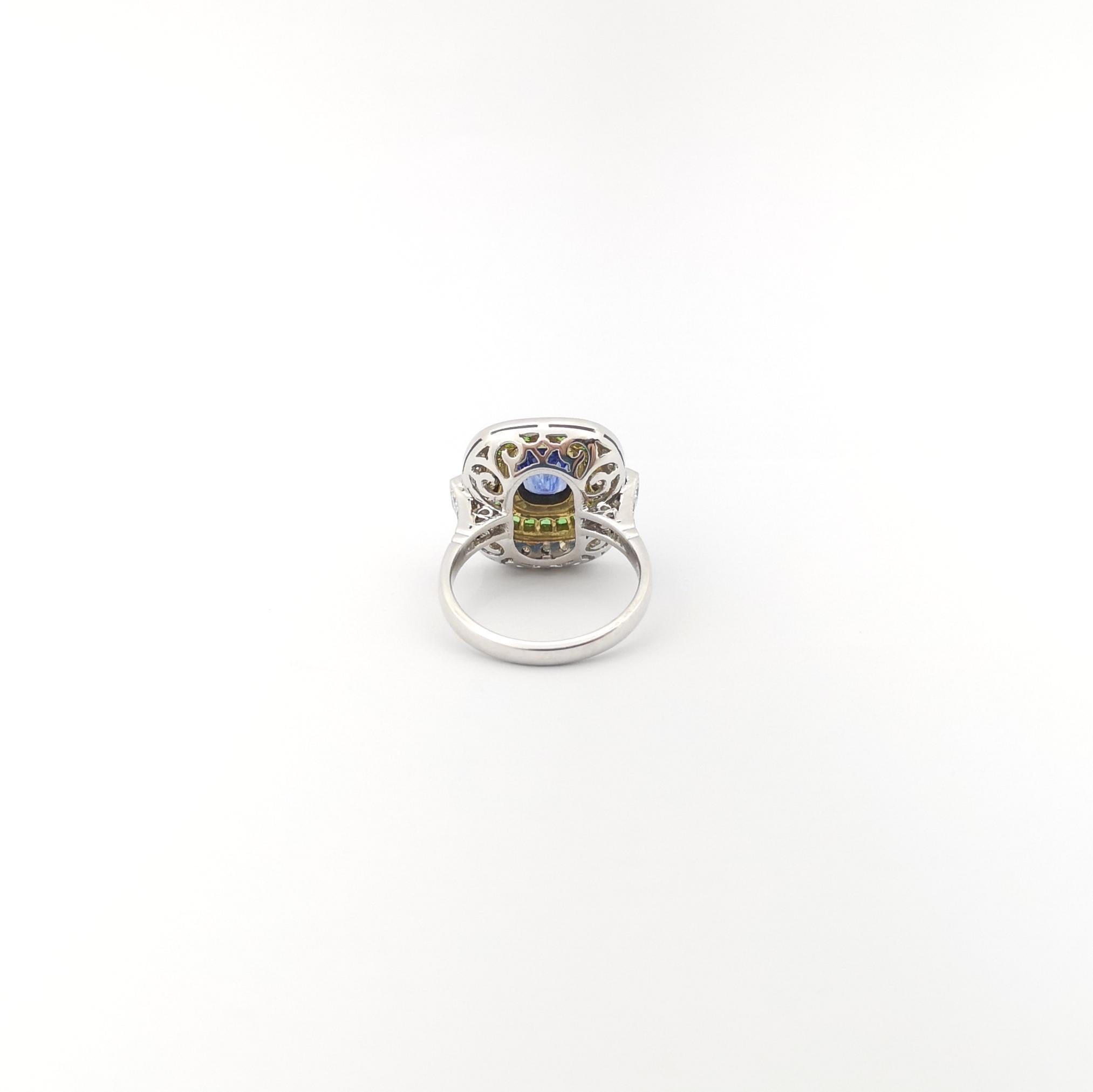 Blue Sapphire, Tsavorite and Diamond Ring set in 18K White Gold Settings For Sale 8
