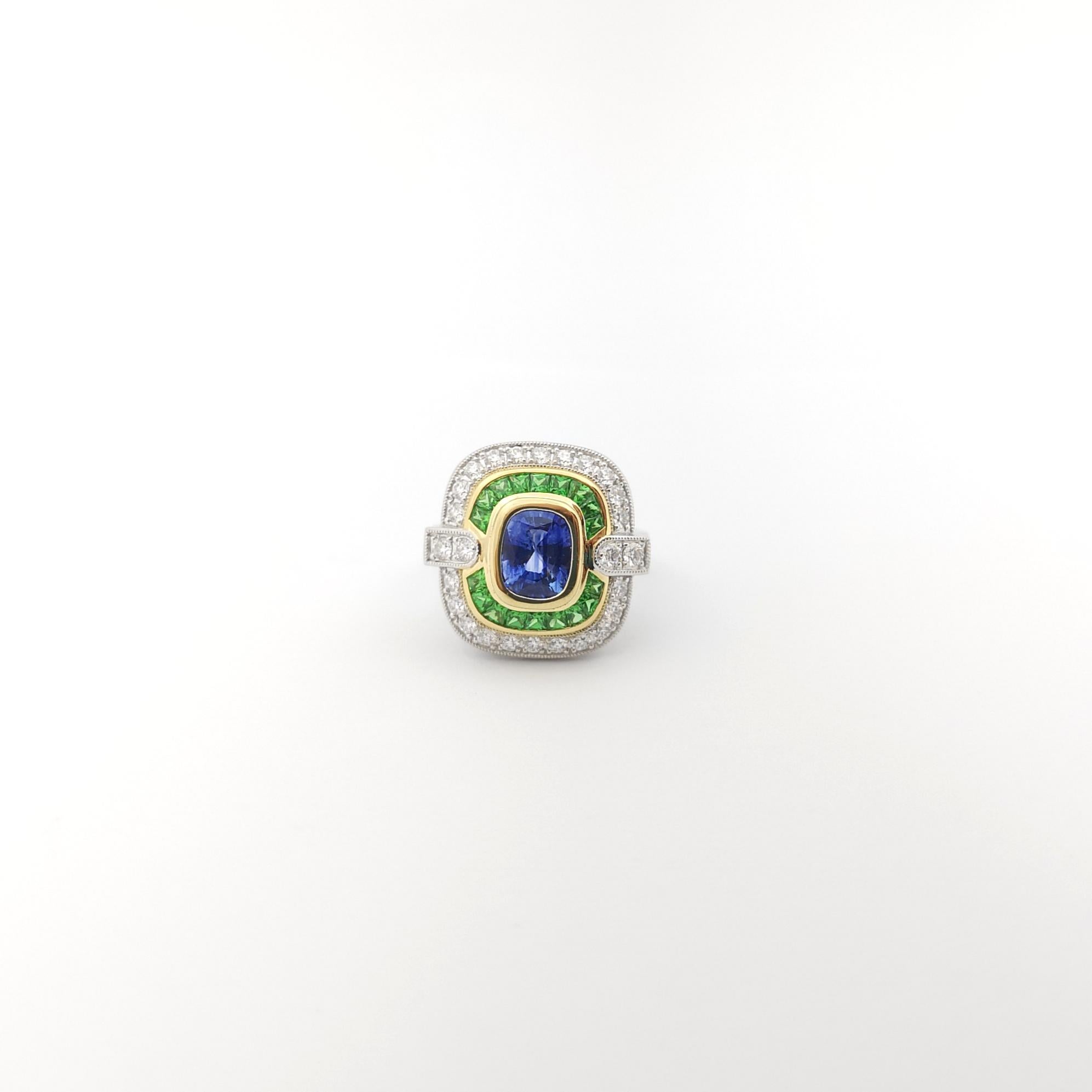 Blue Sapphire, Tsavorite and Diamond Ring set in 18K White Gold Settings For Sale 9