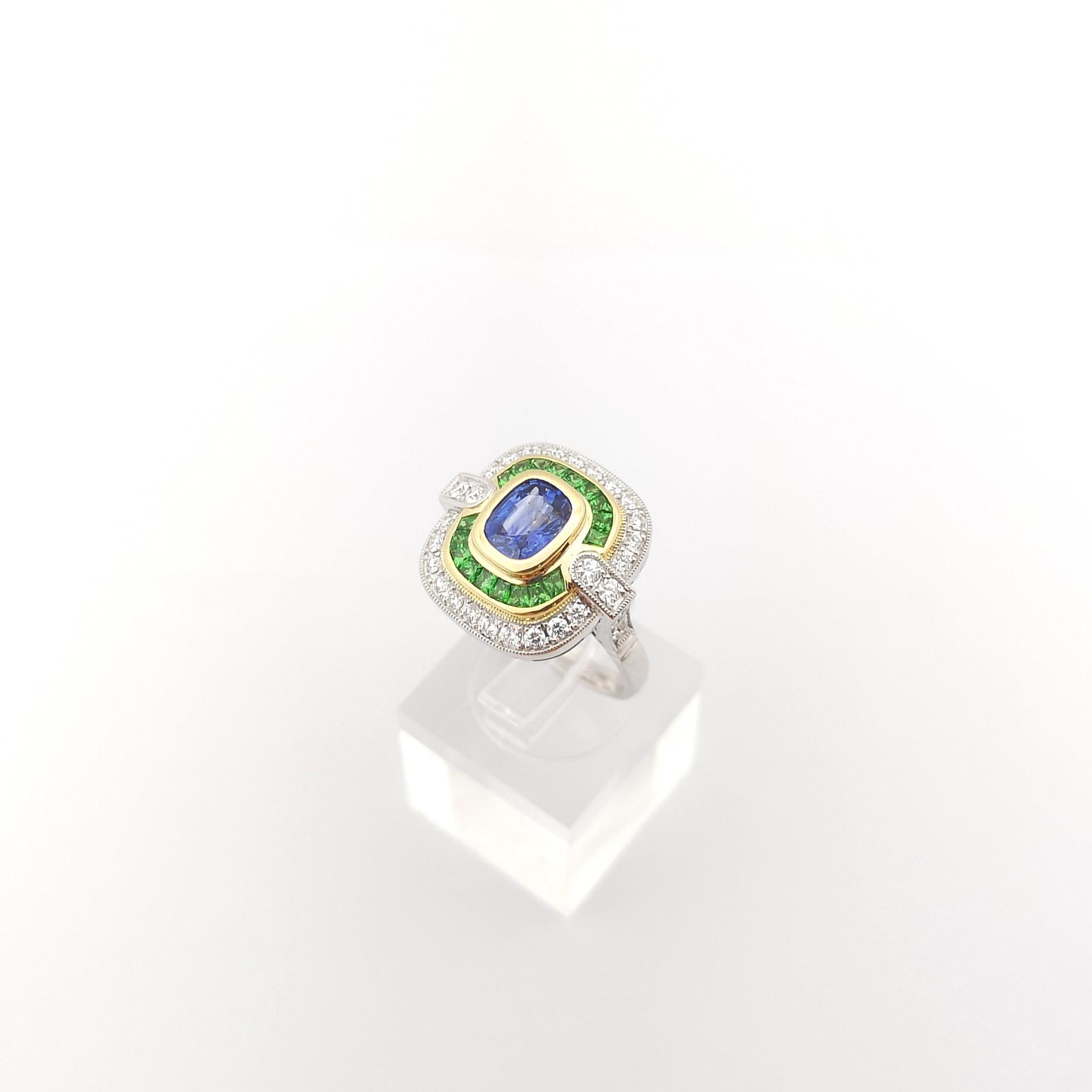 Blue Sapphire, Tsavorite and Diamond Ring set in 18K White Gold Settings For Sale 10