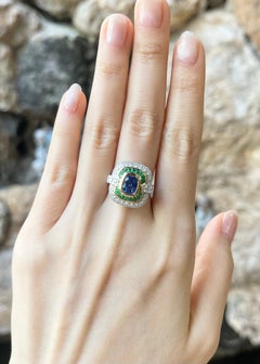 Blue Sapphire, Tsavorite and Diamond Ring set in 18K White Gold Settings