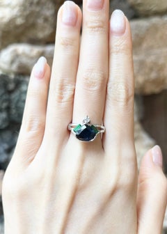 Blue Sapphire, Tsavorite and Diamond Ring set in 18K White Gold Settings