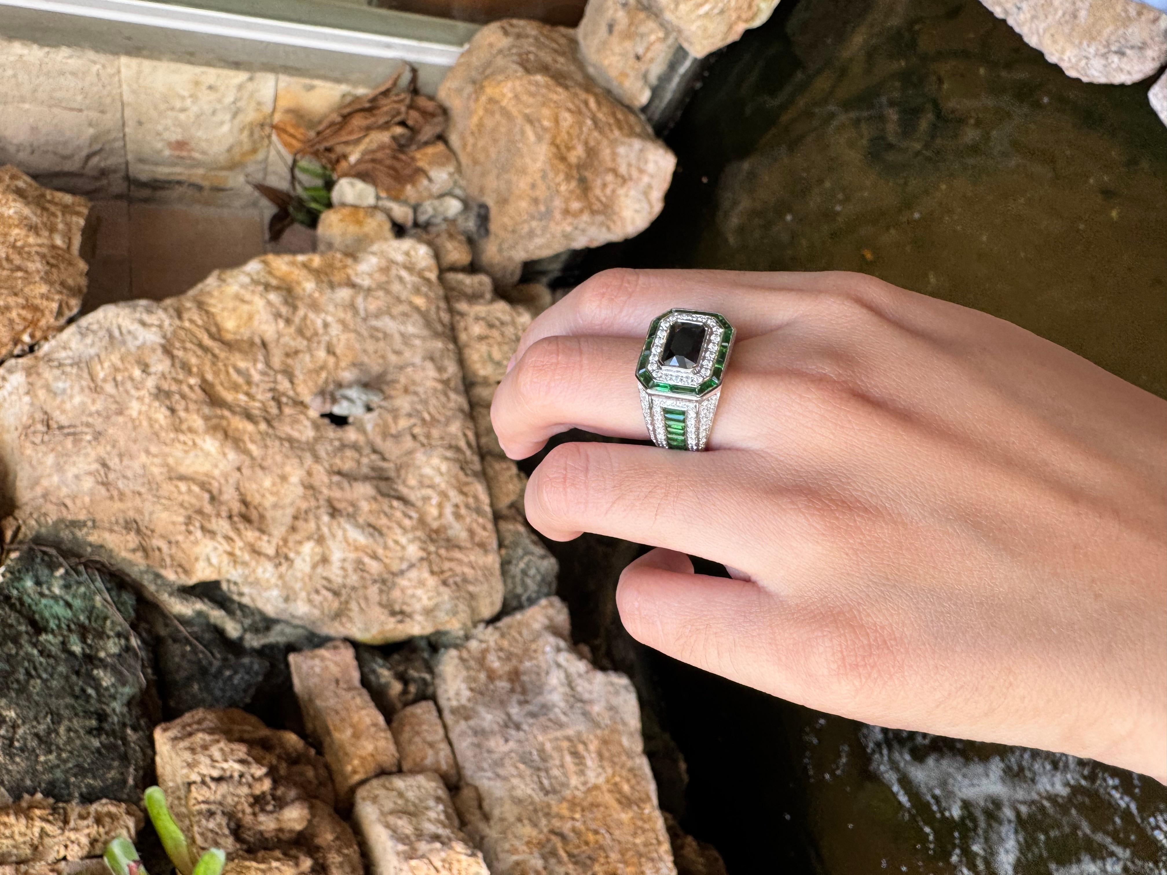 Emerald Cut Blue Sapphire, Tsavorite and Diamond Ring set in 18K White Gold Settings For Sale