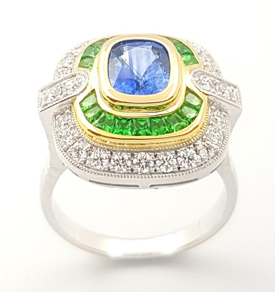 Women's Blue Sapphire, Tsavorite and Diamond Ring set in 18K White Gold Settings For Sale