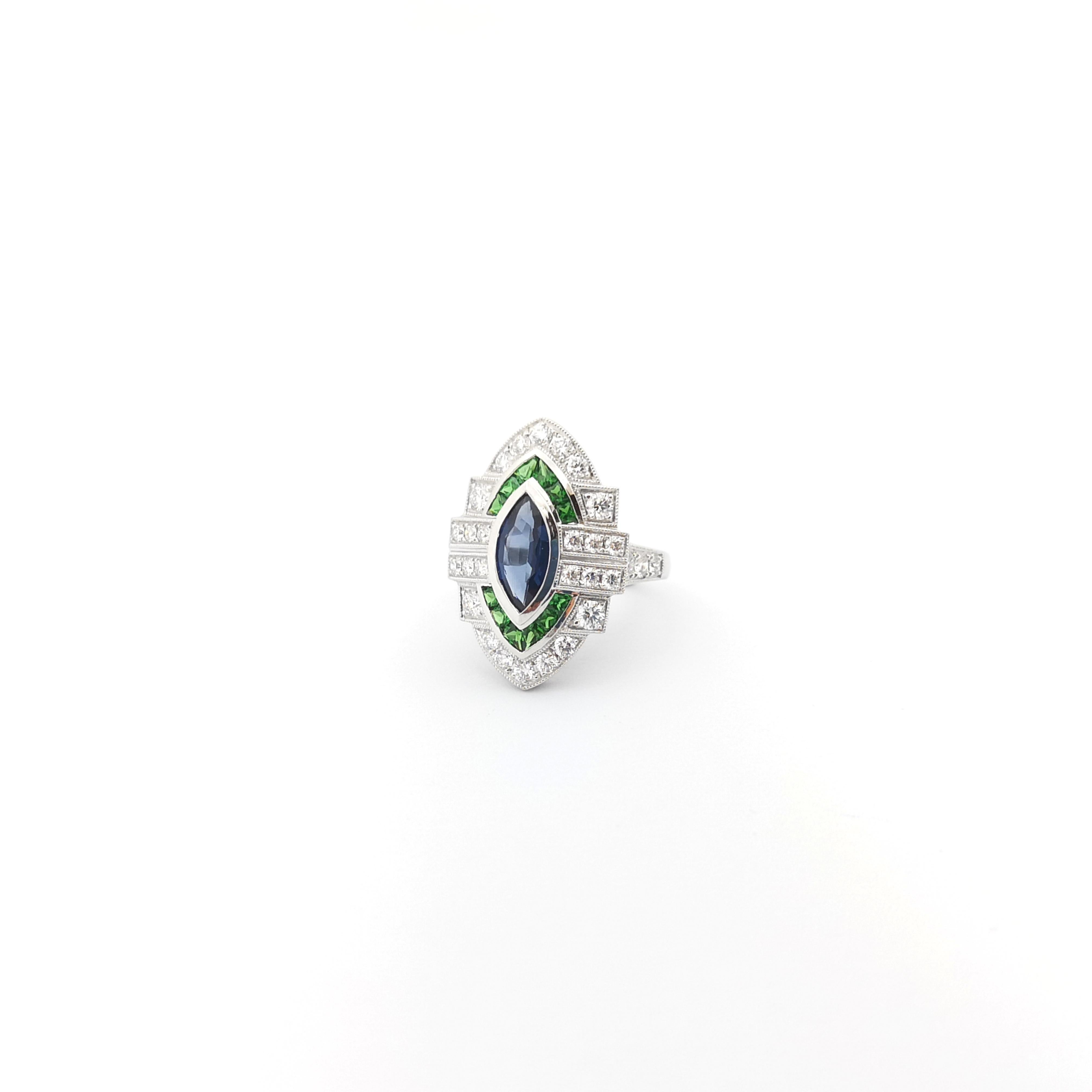 Art Deco Blue Sapphire, Tsavorite and Diamond Ring set in 18K White Gold Settings For Sale