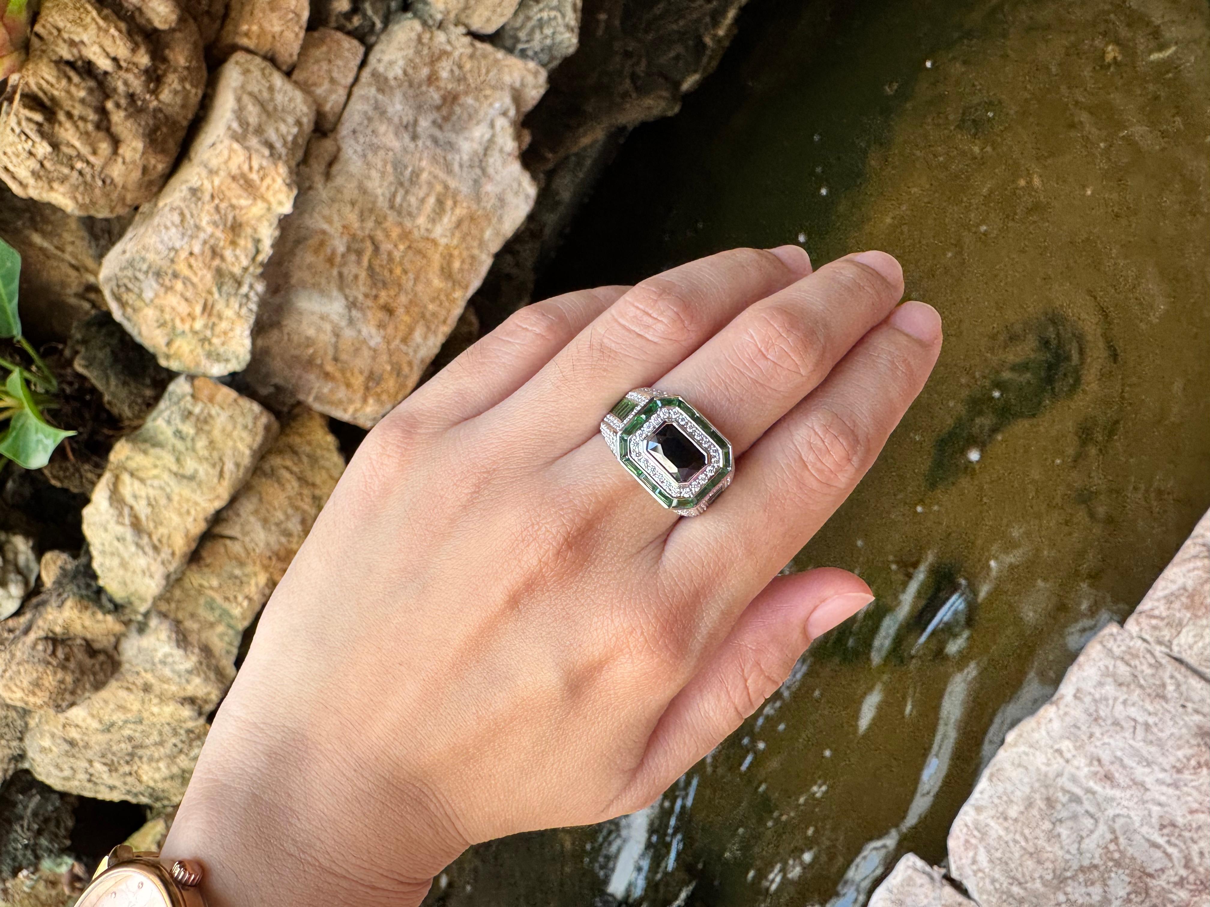 Women's or Men's Blue Sapphire, Tsavorite and Diamond Ring set in 18K White Gold Settings For Sale