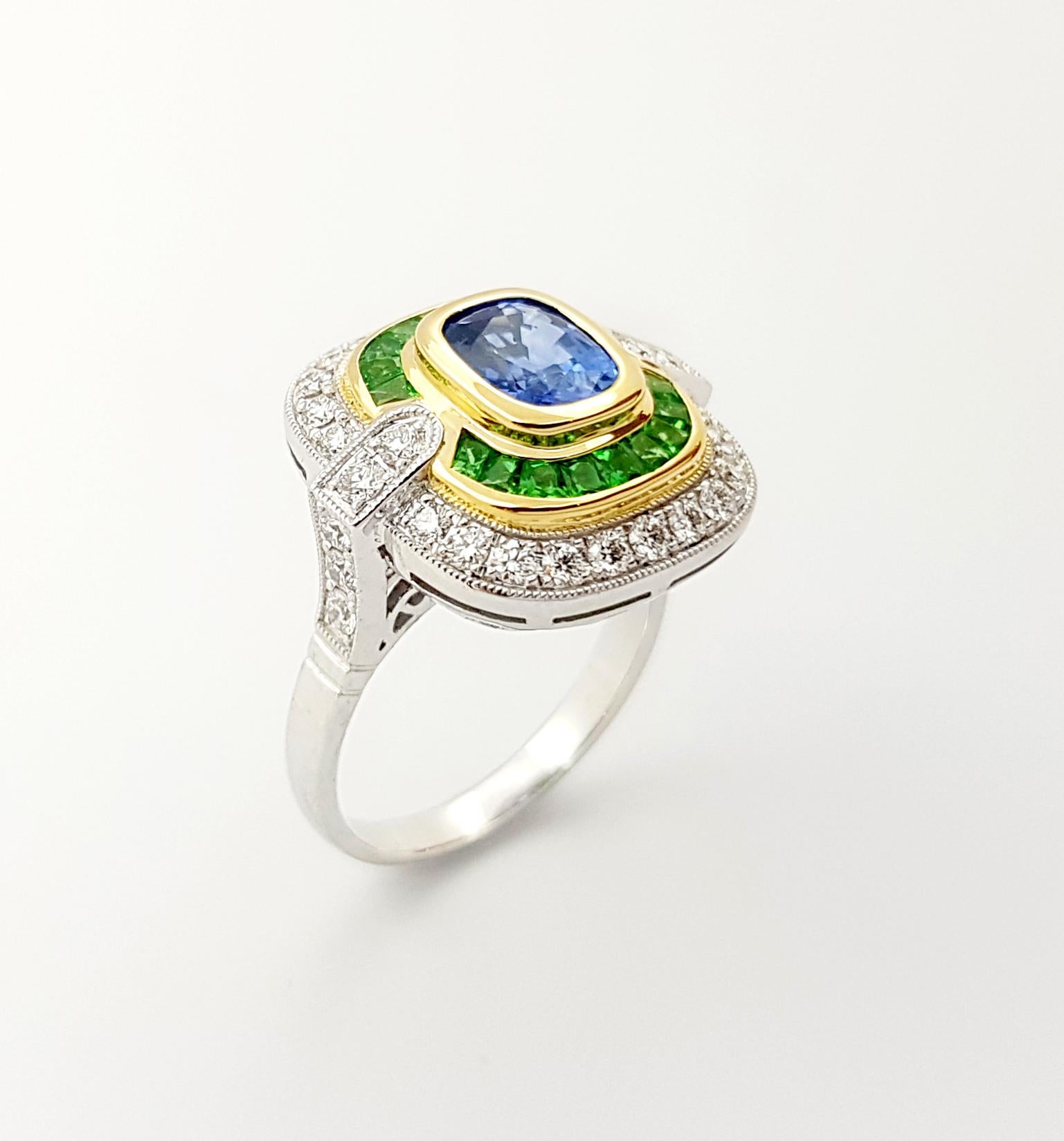 Blue Sapphire, Tsavorite and Diamond Ring set in 18K White Gold Settings For Sale 1
