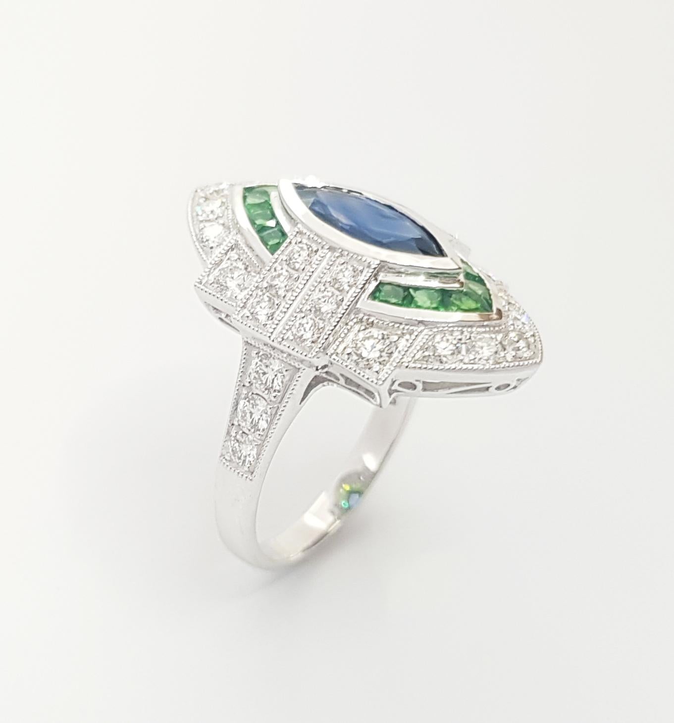 Mixed Cut Blue Sapphire, Tsavorite and Diamond Ring set in 18K White Gold Settings For Sale