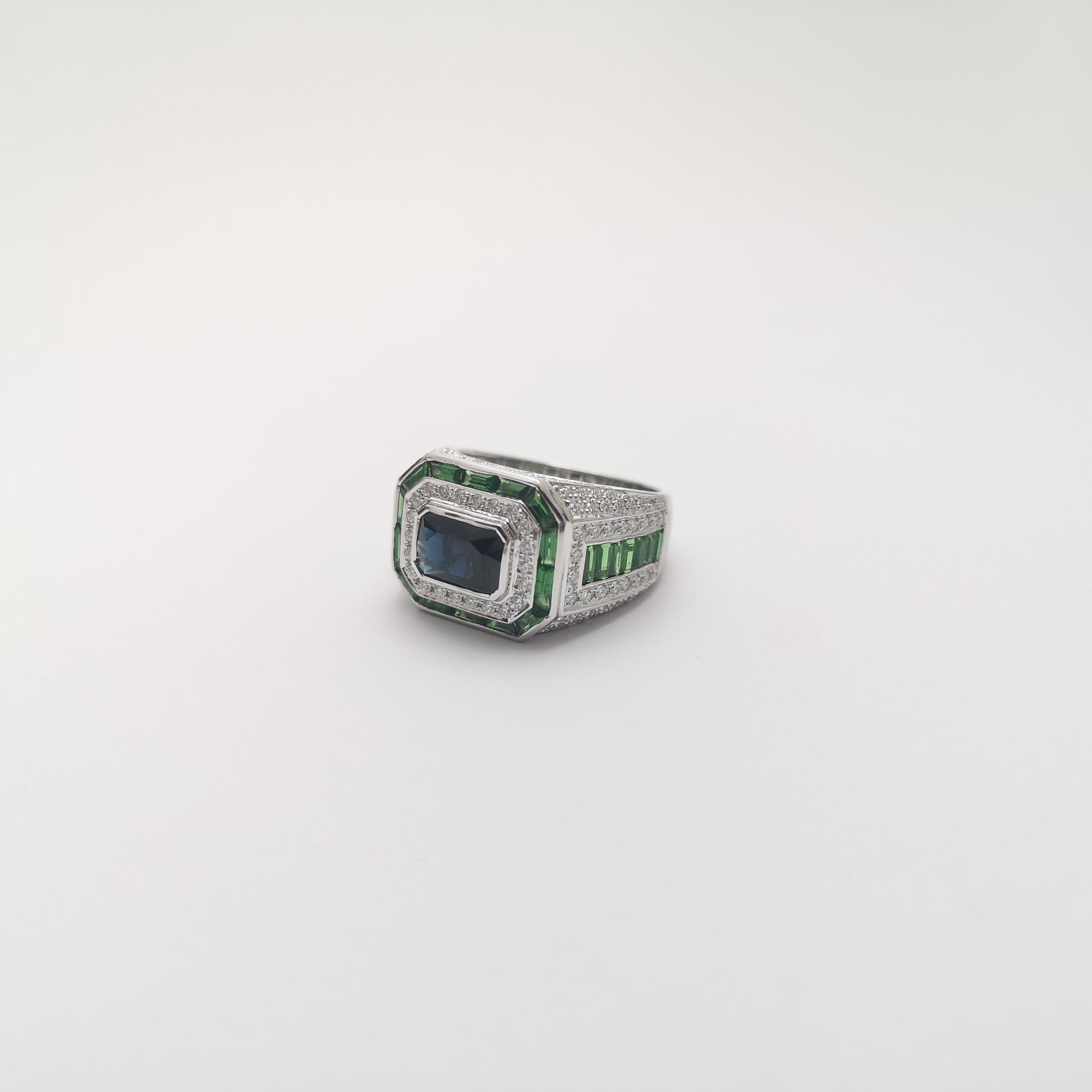 Blue Sapphire, Tsavorite and Diamond Ring set in 18K White Gold Settings For Sale 1