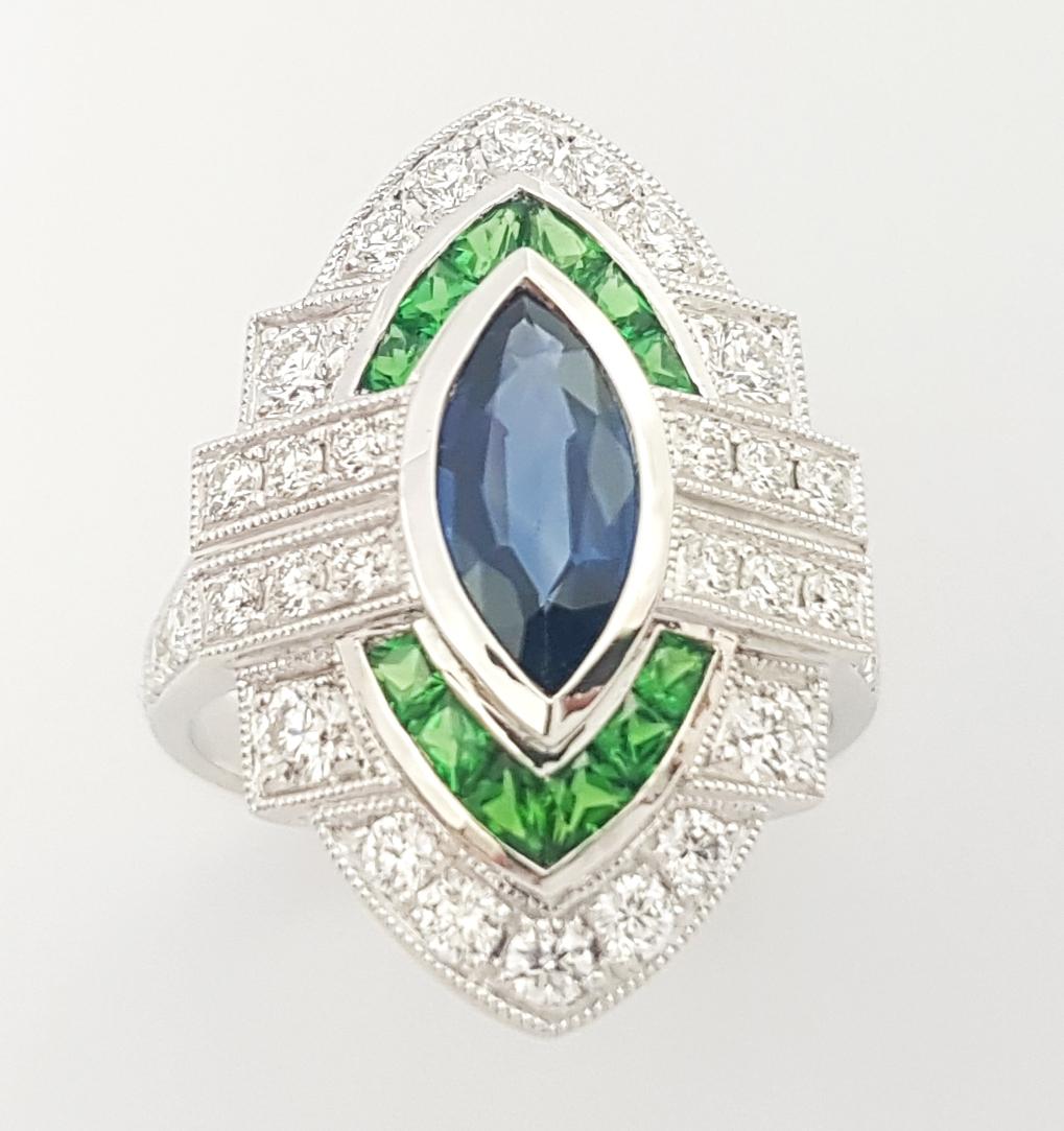 Blue Sapphire, Tsavorite and Diamond Ring set in 18K White Gold Settings In New Condition For Sale In Bangkok, TH