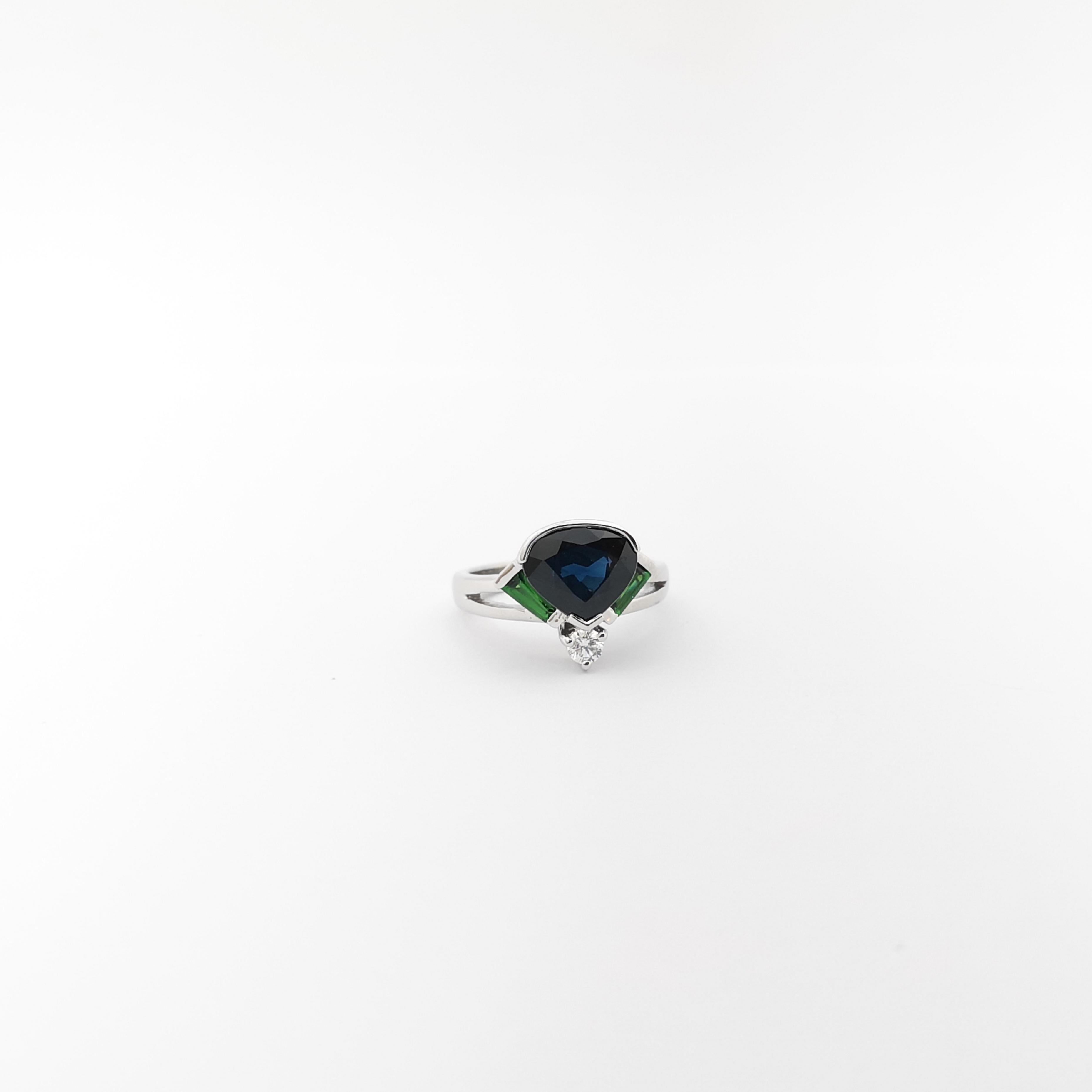 Blue Sapphire, Tsavorite and Diamond Ring set in 18K White Gold Settings For Sale 2